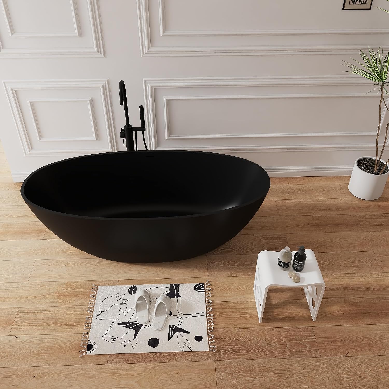 65' Upgraded Solid Surface Freestanding Tubs,Luxury Oval Stone Resin Soaking Bathtub with Pop-up Drain and Overflow, Matte Black