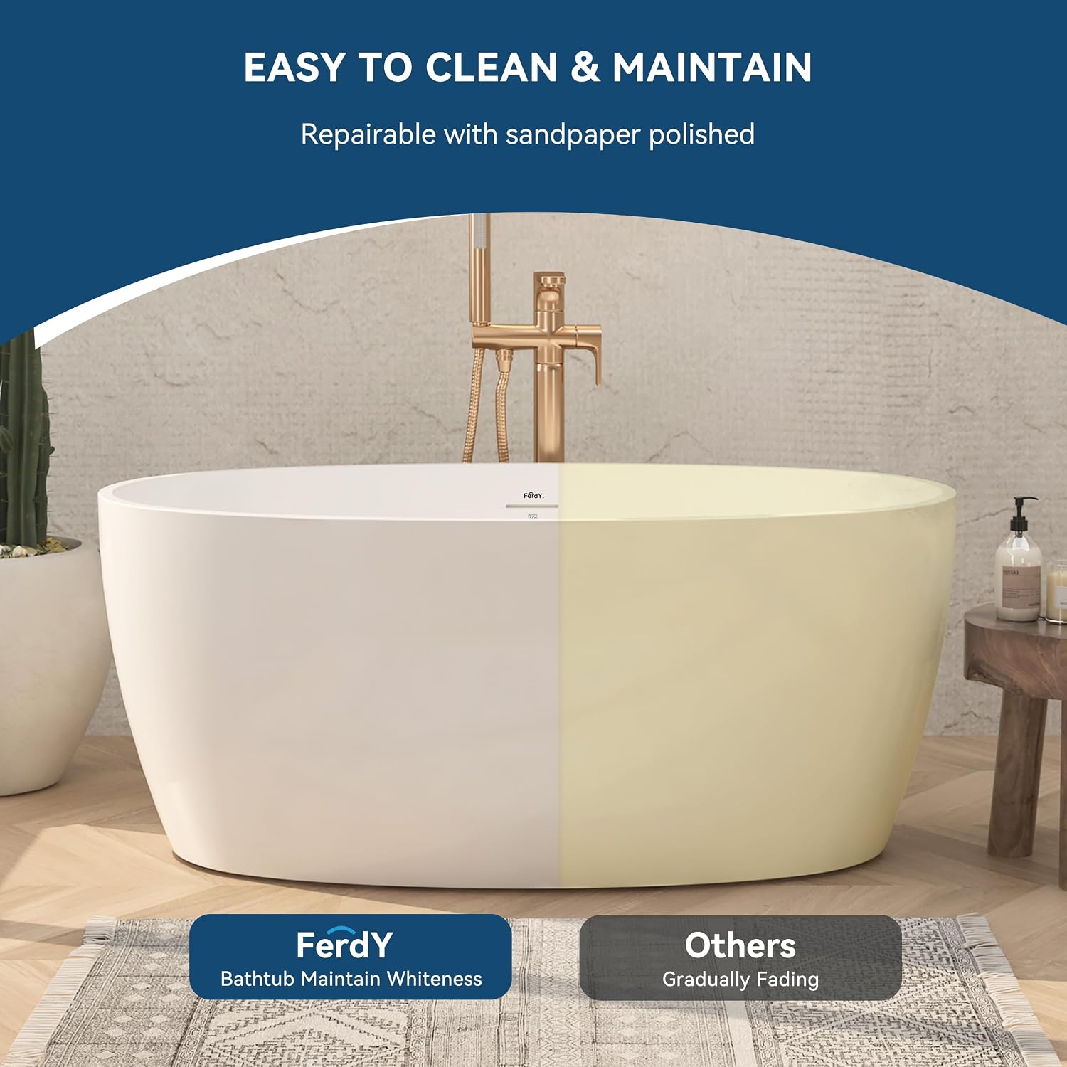 FerdY 55' Acrylic Freestanding Bathtub, Contemporary Soaking tub with Polished Gold Drain & Overflow, cUPC Certified, Elegant Oval Shape, Tahiti
