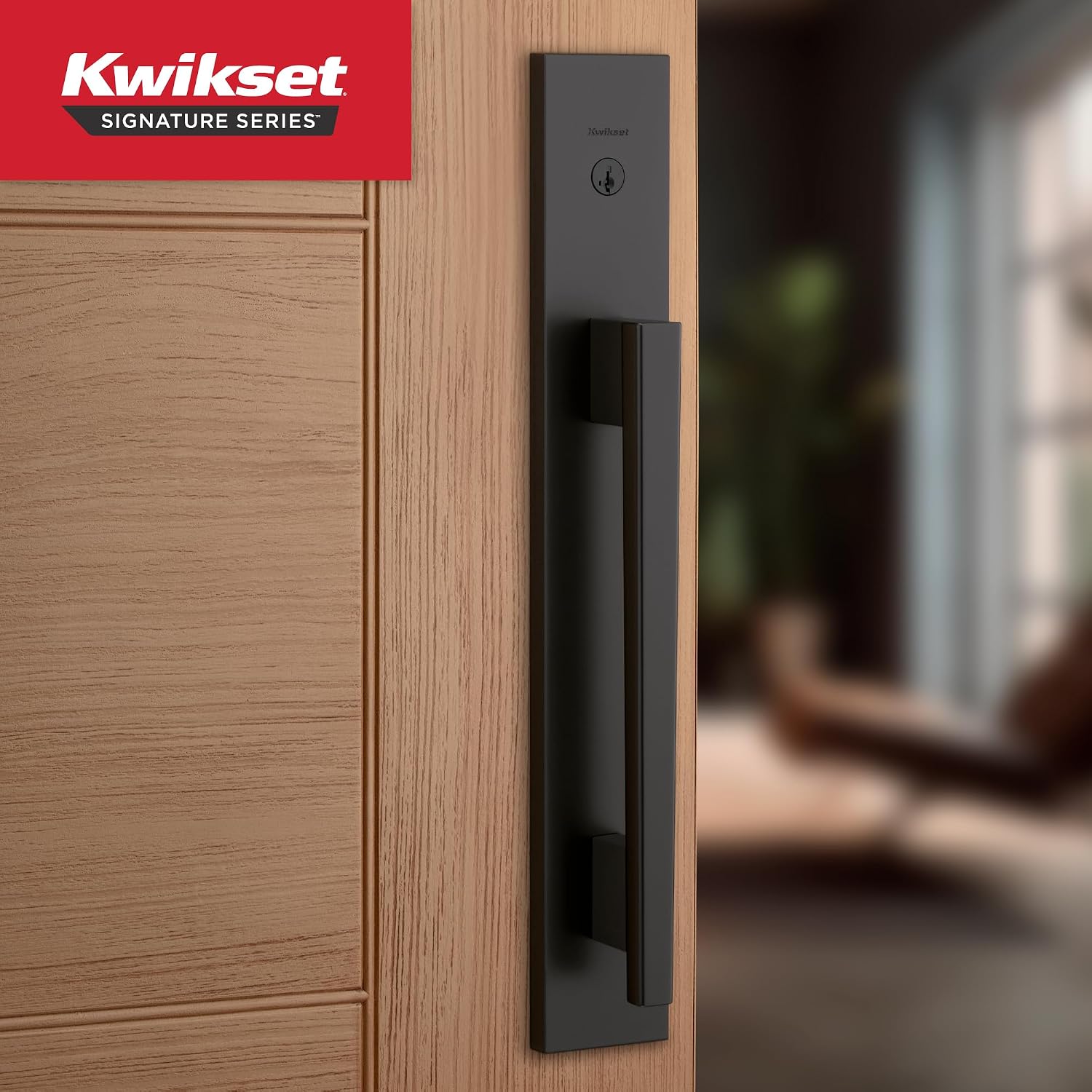 Kwikset Caerus Front Door Lock Handle and Deadbolt Set, Entry Handleset Exterior with Interior Lever, Matte Black, SmartKey Re-Key Security, with KwikSlide, Door Handle Backplate Full Escutcheon