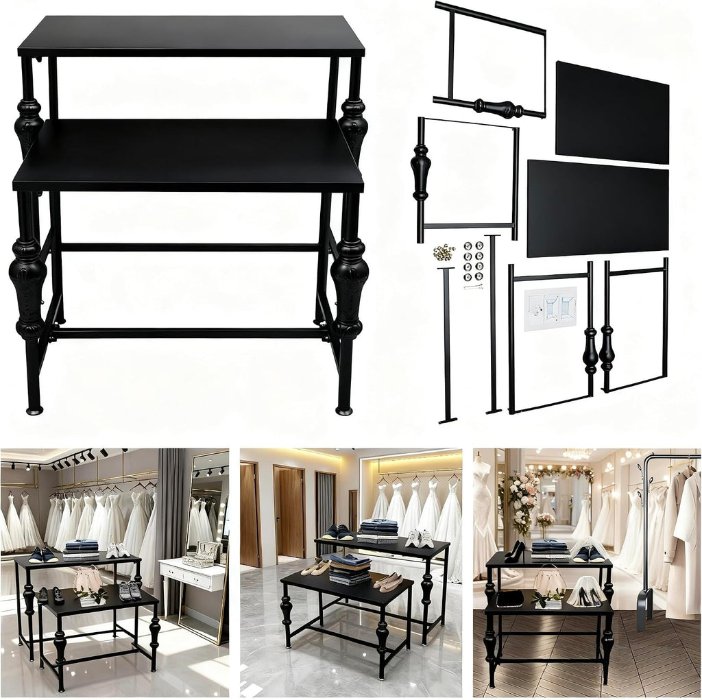 Metal Clothing Shoe Handbag Display Table, 2 Tier Heavy Duty Risers Display Stands, Standing Garment Rack Display Riser Shelf Nesting Tables for Boutiqu Retail Stores Vendor Events-Black
