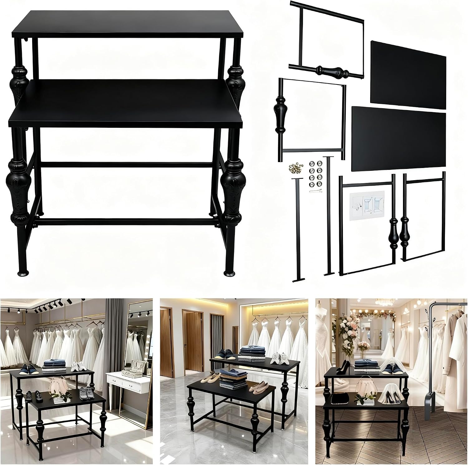 Metal Clothing Shoe Handbag Display Table, 2 Tier Heavy Duty Risers Display Stands, Standing Garment Rack Display Riser Shelf Nesting Tables for Boutiqu Retail Stores Vendor Events-Black