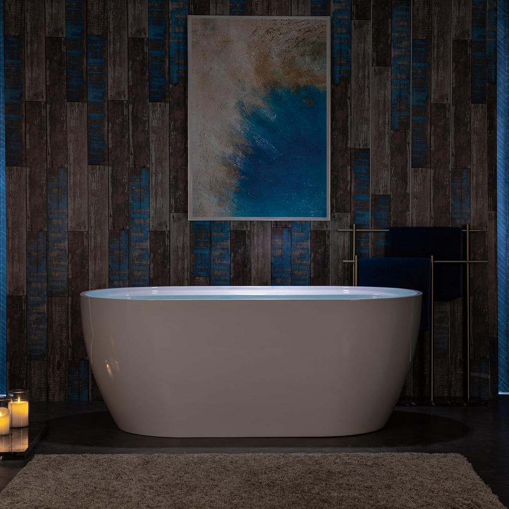 WOODBRIDGE 59' Acrylic Freestanding Bathtub Contemporary Soaking White Tub with Brushed Nickel Overflow and Drain,B0064-B/N