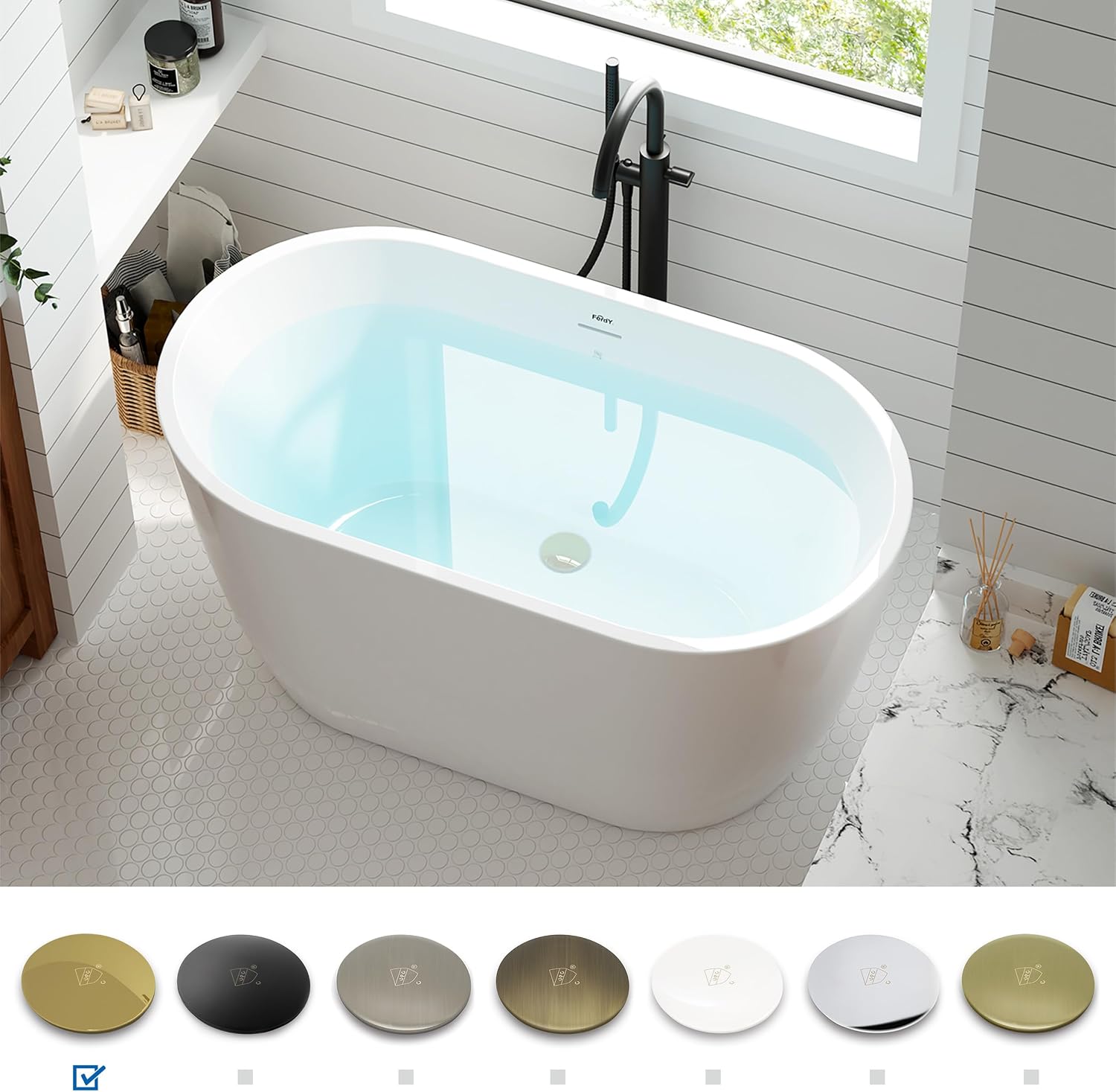 FerdY 47' Acrylic Freestanding Bathtub, Contemporary Soaking tub with Polished Gold Drain & Overflow, Elegant Oval Shape, cUPC Certified, Bali