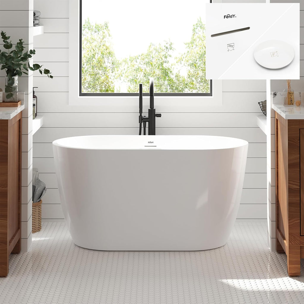 FerdY 47' Bali Acrylic Freestanding Bathtub, Gracefully Shaped Freestanding Soaking Bathtub, cUPC Certified, Toe-Tap White Drain and Minimalist Linear Design Overflow Included