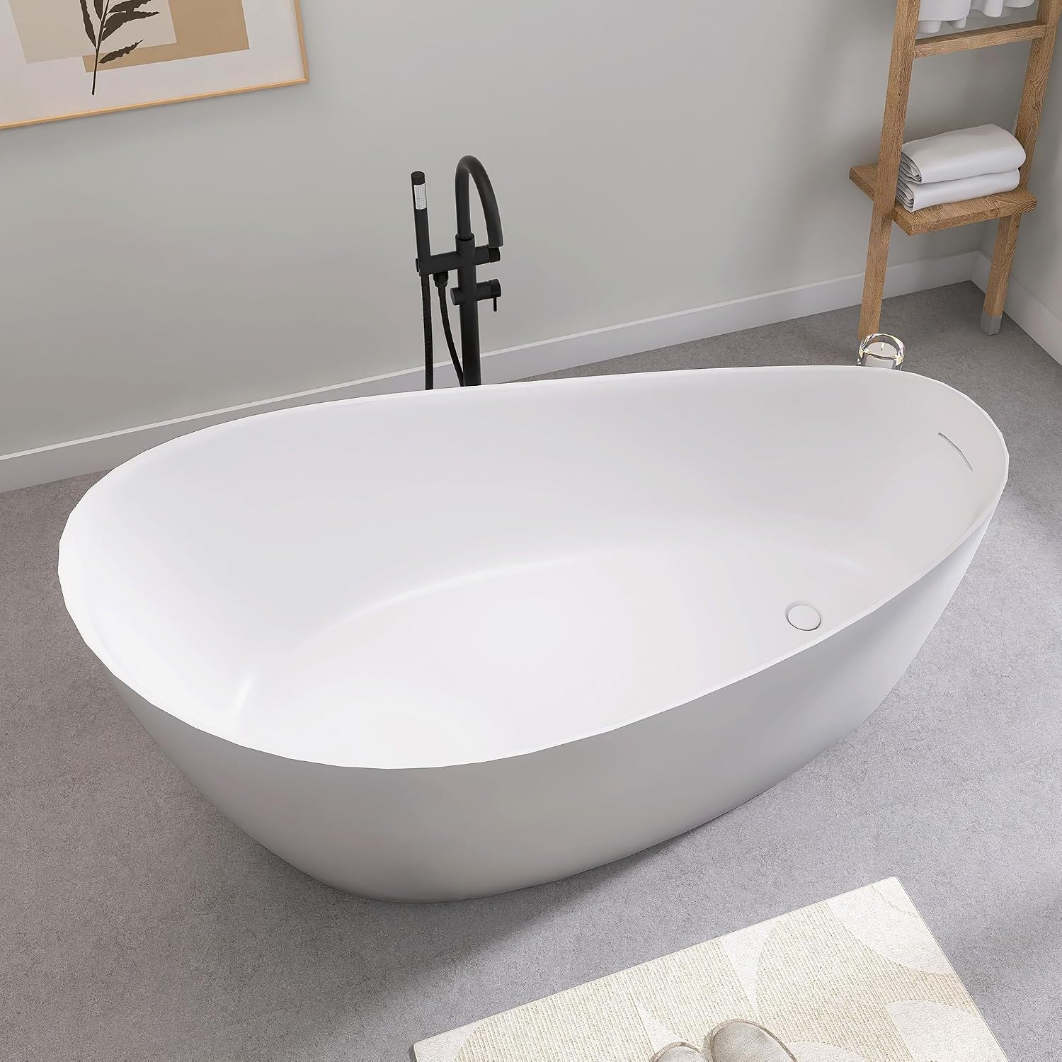SJ STAR&JANE 65' Solid Surface Freestanding Bathtub, Matte White Oval Soaking Stone Resin Tub with Overflow and Pop-up Drain for Modern Bathrooms