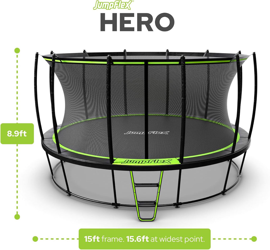 JumpFlex Hero Round Outdoor Backyard Trampoline with Net Safety Enclosure and Ladder - Heavy-Duty Jumping Trampoline Play Equipment for Family