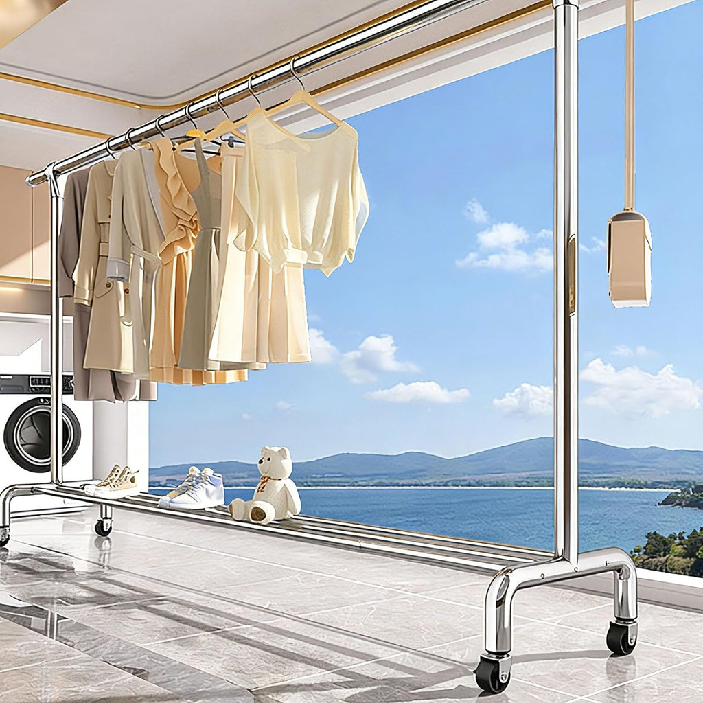 Garment Rack with Wheels, Adjustable Chrome Clothes Rack for Hanging Clothes, Portable Rolling Clothing Rack with Lockable Casters forBedroom,Silver,16.5x78.7x42in