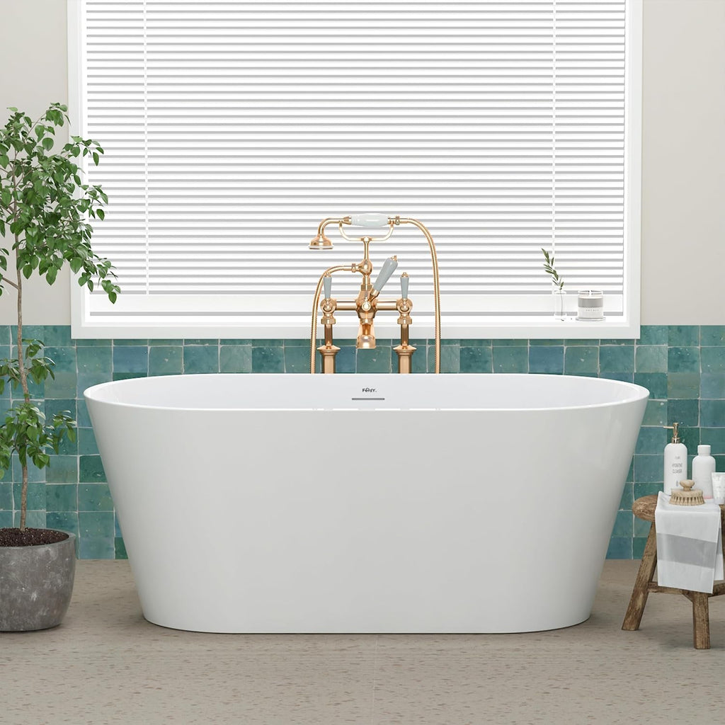 FerdY 59' Shangri-La Elite, Acrylic Freestanding Bathtub, Modern & Contemporary Design Soaking Tub with Brushed Nickel Pop-Up Drain & Bath Pillow for Bathtub,Thick Tub Pillows, Breathable 4D Air Mesh