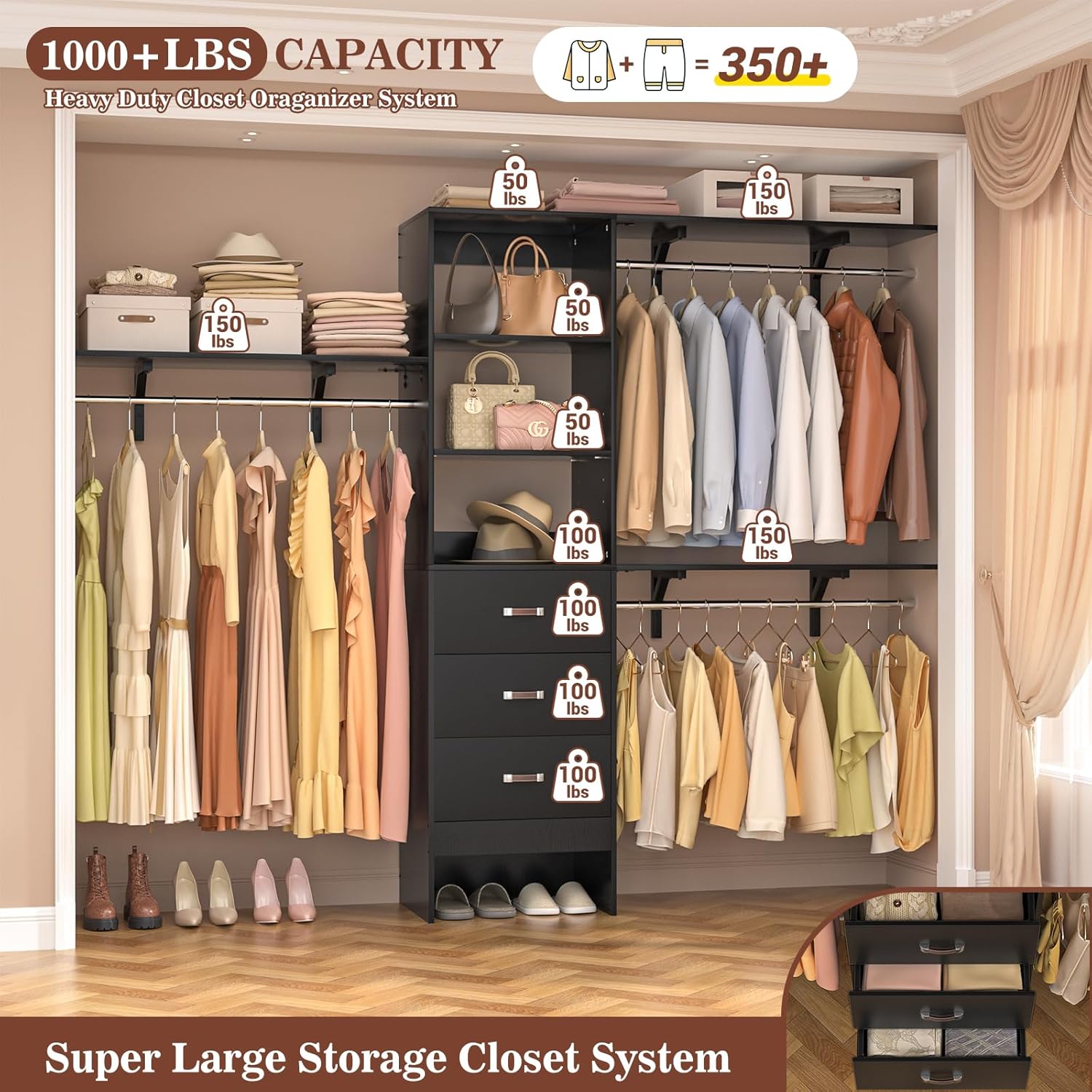 Armocity 96' Wood Closet System with 3 Enclosed Drawers & 3 Solid Shelves, 8FT Adjustable Closet Organizers and Storage, Heavy Duty Modular Wardrobe for Reach-In & Walk-In, 1000 LBS Load, Black
