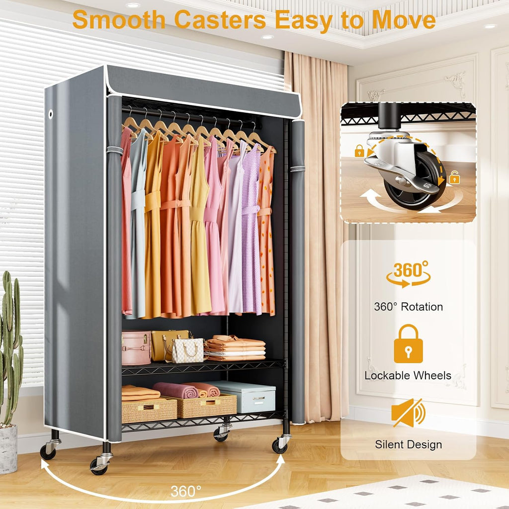 ULIFHOME P6C Rolling Clothes Rack with Cover, Covered Clothing Racks Heavy Duty, Portable Closet for Hanging Clothes, Garment Racks on Wheels, Black Closet Rack with Gray Cover, Max Load 365LBS