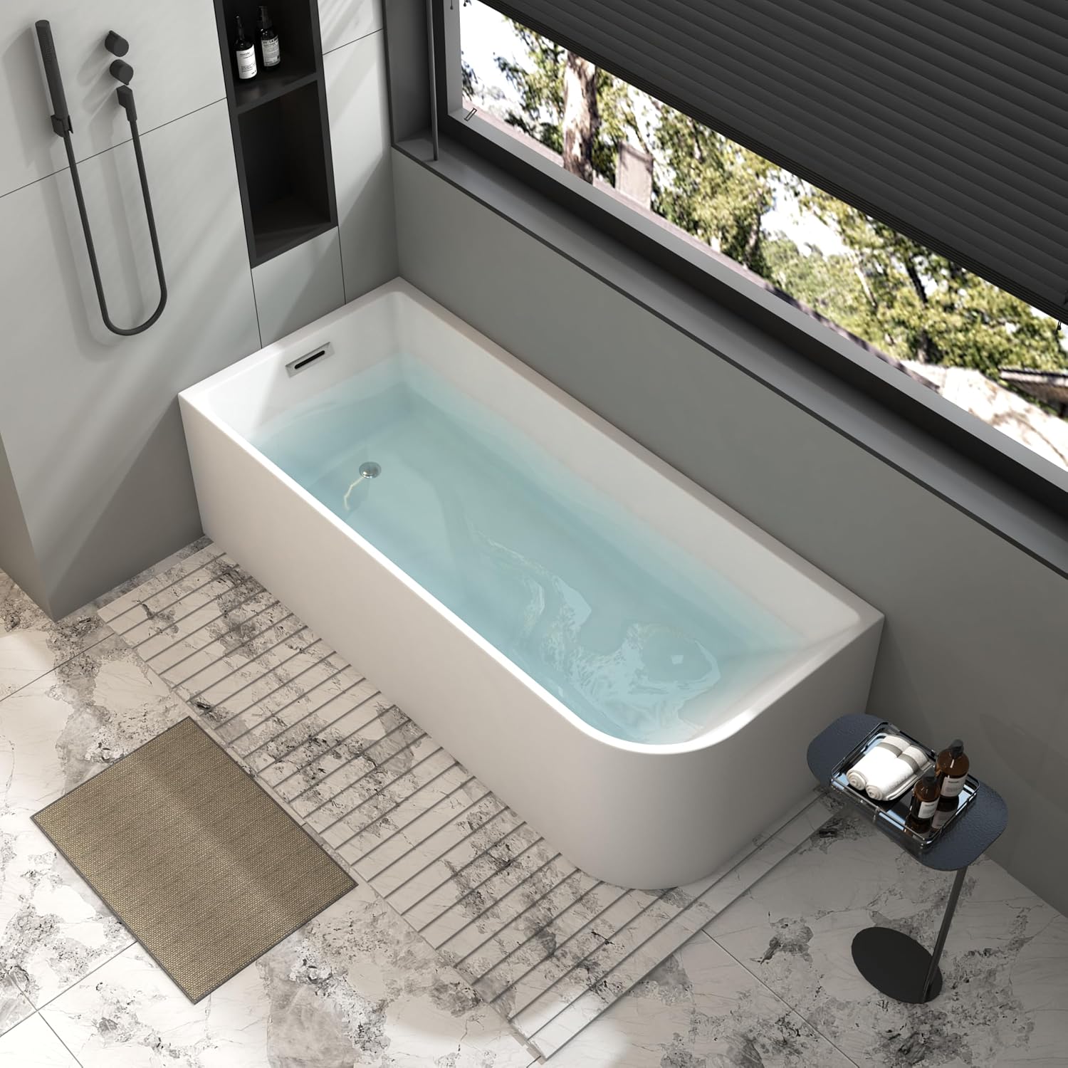 59 Inch Large Corner Bathtub with Pop-Up Left Hand Drain&Overflow