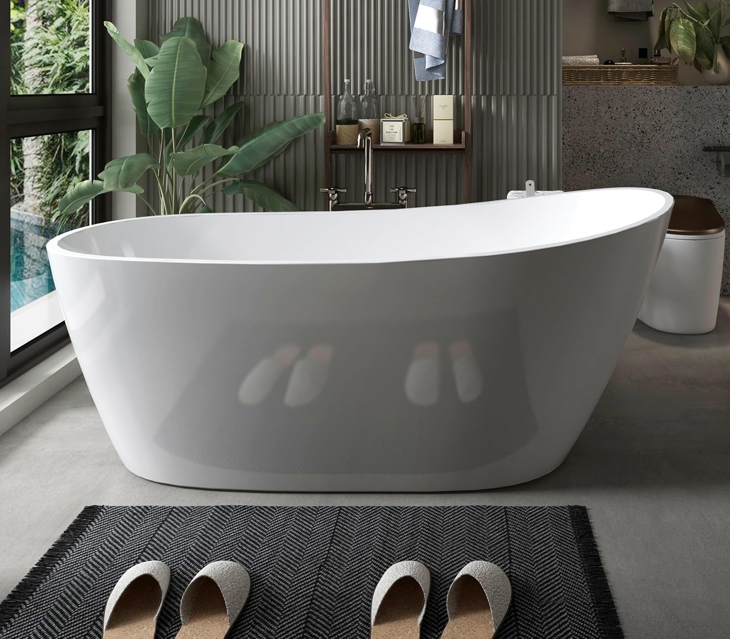 Acrylic Freestanding Contemporary Soaking Tub A29-59 Series 59' Bathtub White Modern Stand Alone Tub with Overflow and Pop-up Drain