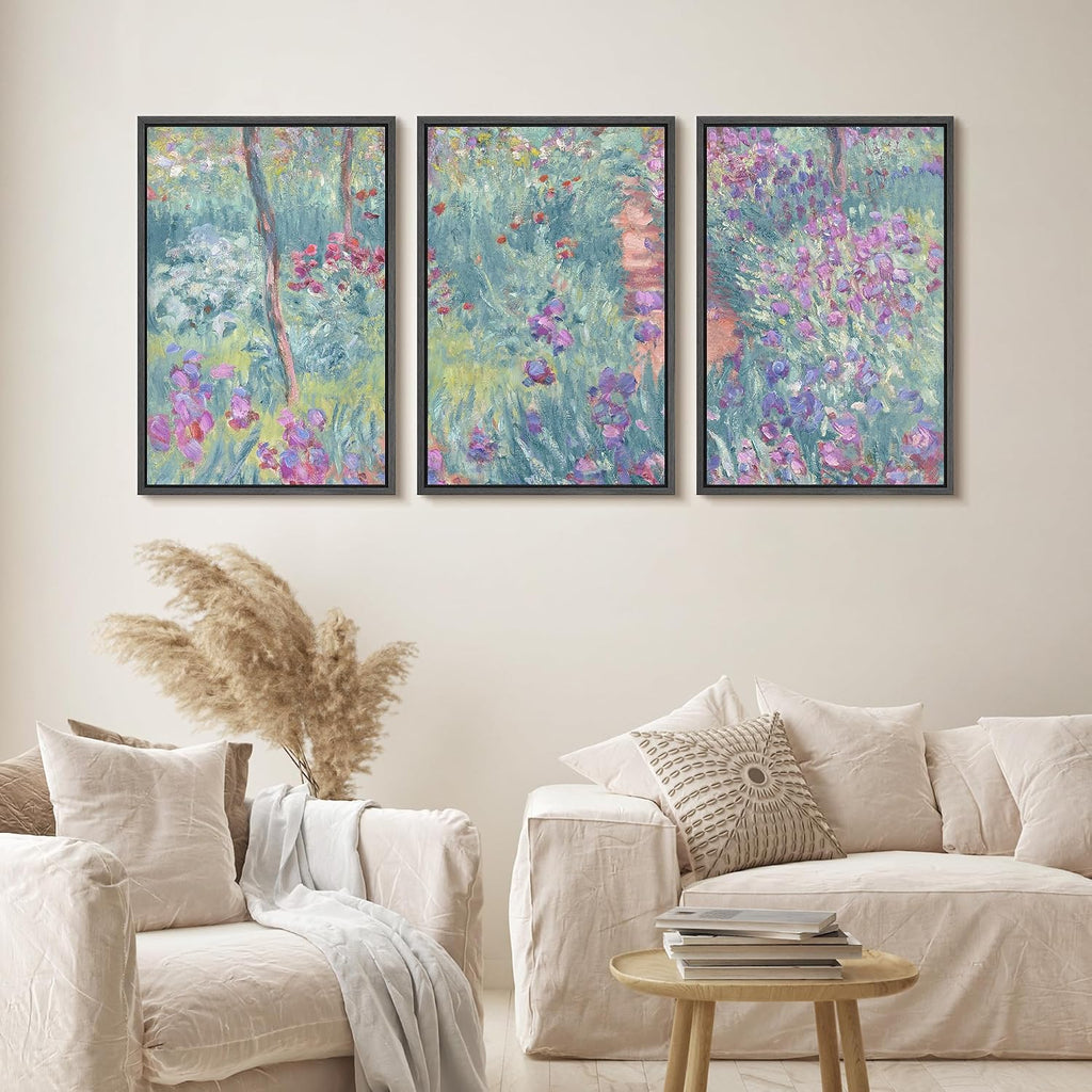 wall26 Framed Canvas Print Wall Art Set Monet-Inspired Garden Path Impressionist Floral Illustrations Modern Art Decorative Floral Botanical Minimal for Bedroom - 24'x36'x3 Black