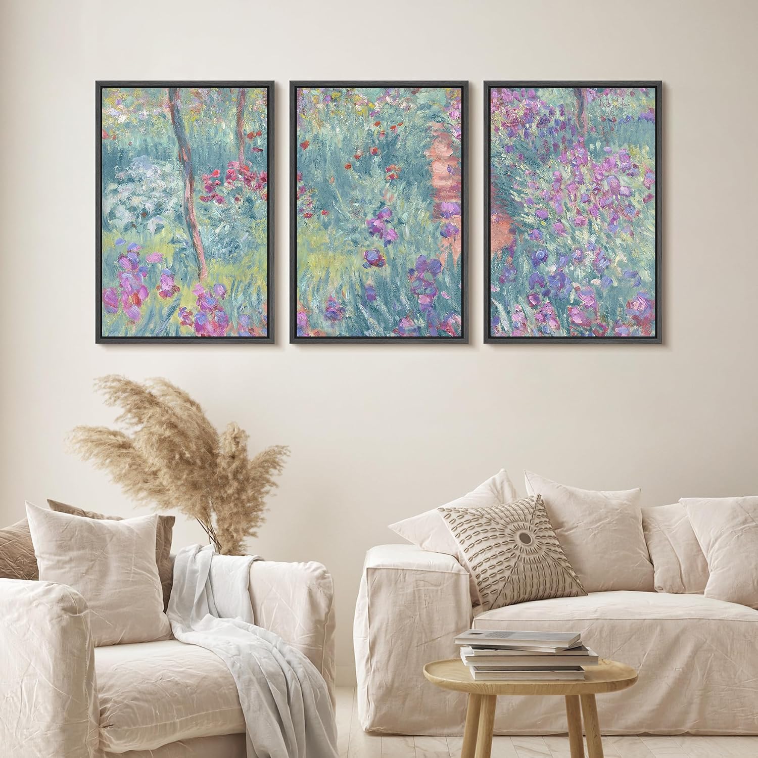 wall26 Framed Canvas Print Wall Art Set Monet-Inspired Garden Path Impressionist Floral Illustrations Modern Art Decorative Floral Botanical Minimal for Bedroom - 24'x36'x3 Black