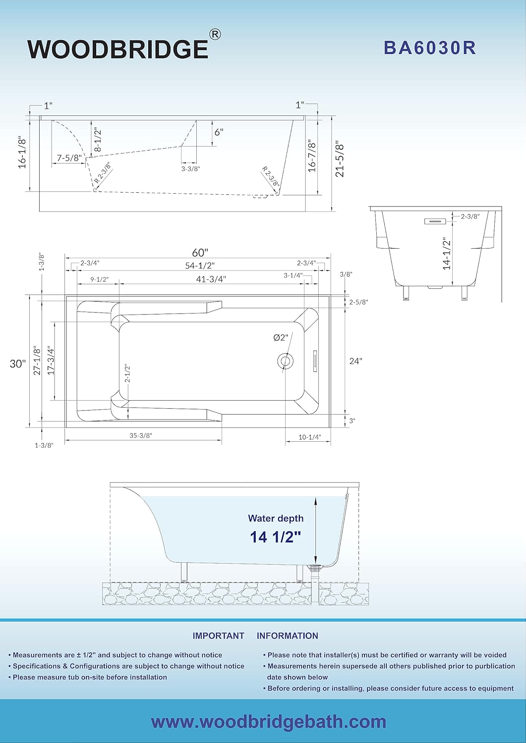 WOODBRIDGE 60' Acrylic Rectangular Alcove Soaking Bathtub in White with Right Drain, Chrome Pop-Up Drain Included BA6030R