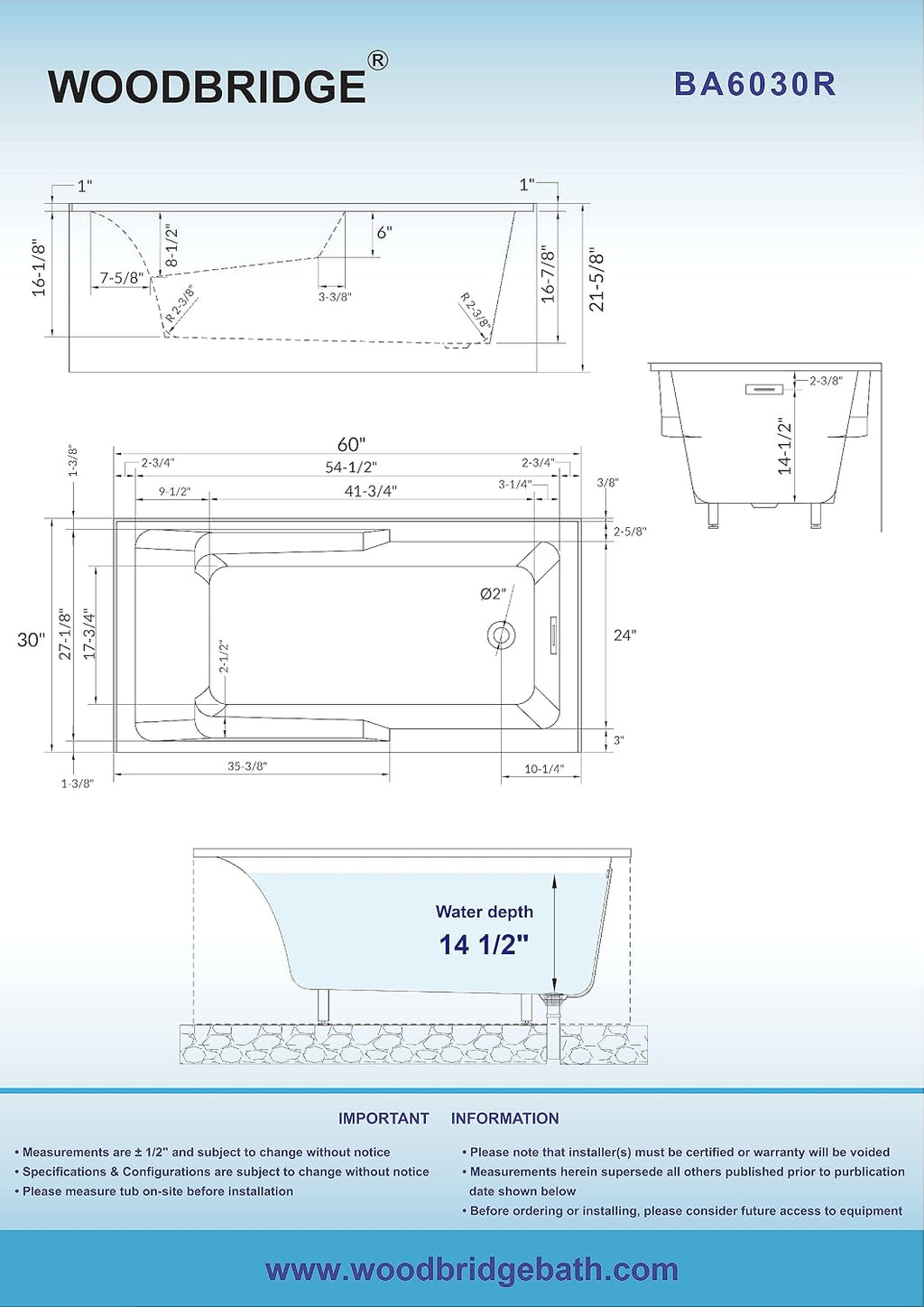 WOODBRIDGE 60' Acrylic Rectangular Alcove Soaking Bathtub in White with Right Drain, Brushed Gold Pop-Up Drain Included BA6030R