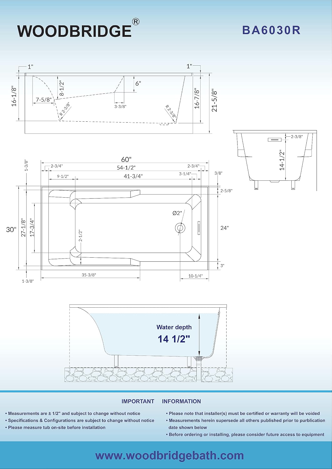 WOODBRIDGE 60' Acrylic Rectangular Alcove Soaking Bathtub in White with Right Drain, Brushed Gold Pop-Up Drain Included BA6030R