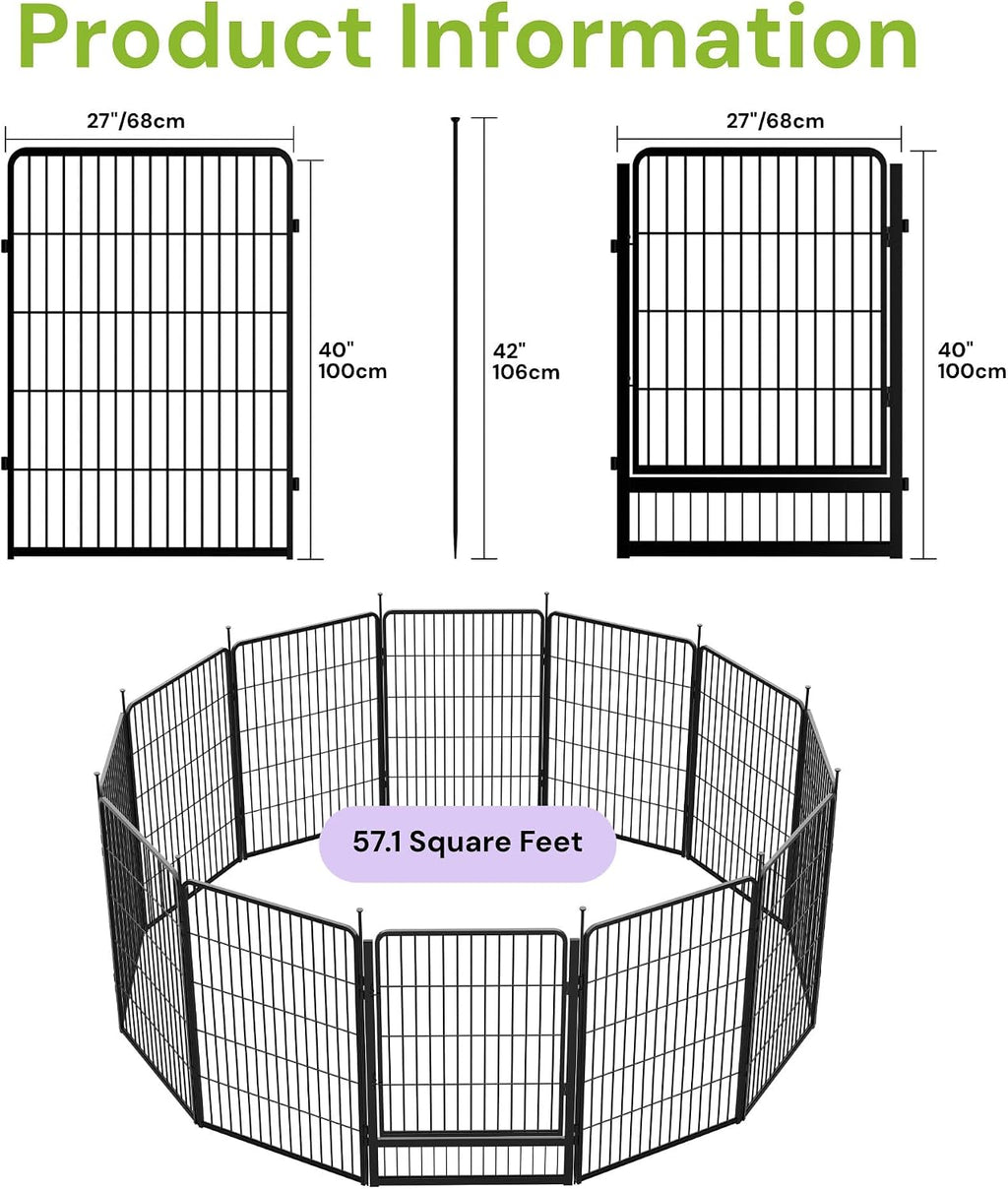 SunsGrove Tall Garden Fence with Gate, 40 in(H) x 26.8 ft(L) 12 Panels Heavy Duty Metal Animal Barrier Fence for Yard, Suitable for Indoor or Outdoor Dog Pet Fence, Garden Fence Border, Black
