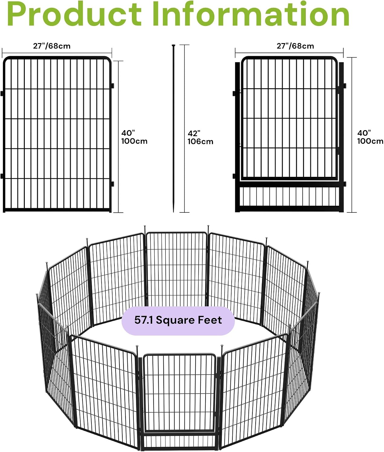 SunsGrove Tall Garden Fence with Gate, 40 in(H) x 26.8 ft(L) 12 Panels Heavy Duty Metal Animal Barrier Fence for Yard, Suitable for Indoor or Outdoor Dog Pet Fence, Garden Fence Border, Black