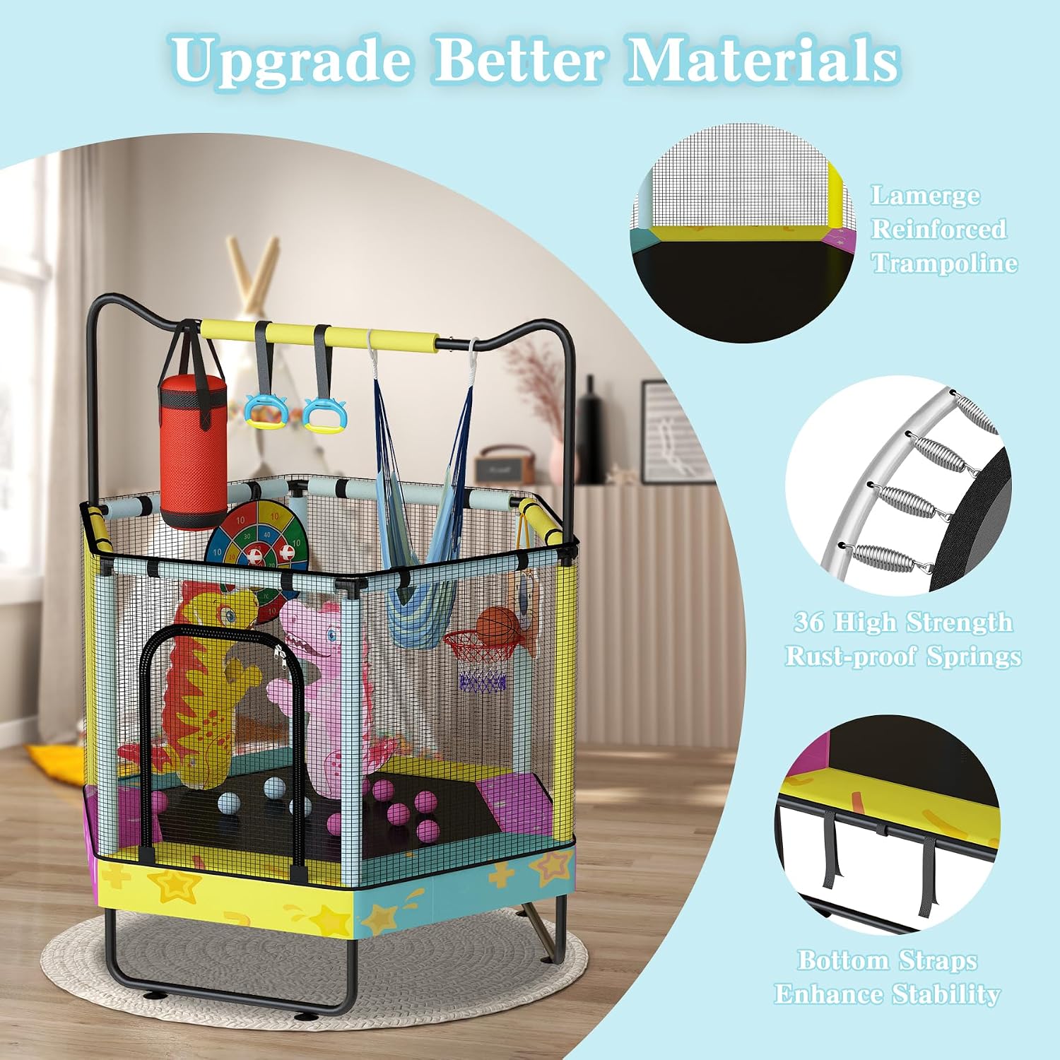 Lamerge Kids Trampoline, Indoor Trampoline Approved by ASTM, Safety Enclosure Net and Adjustable Handrail, 1-8 Children, 500lbs Capacity, 7-in-1, 60'
