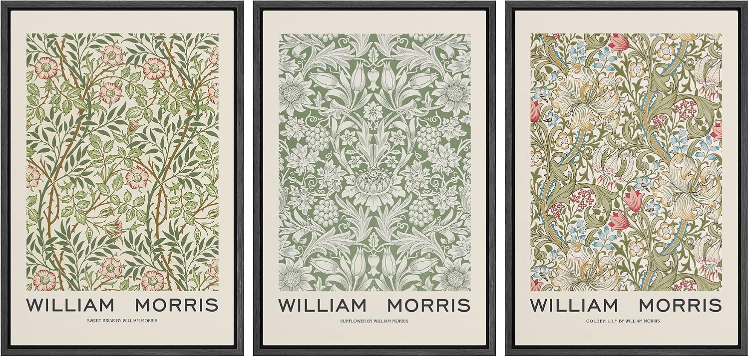 wall26 Framed Canvas Print Wall Art Set William Morris Flower Pattern Tapestries Nature Floral Illustrations Fine Art Decorative Botanical Rustic for Living Room, Bedroom, Office - 16'x24'x3 Black