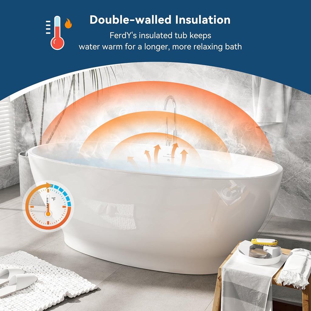 FerdY Koh Samui 65' Freestanding Bathtub, Elegant Oval Shape, Double Walled Insulation Bathtub with Center Brushed Nickel Drain & Minimalist Linear Design Overflow