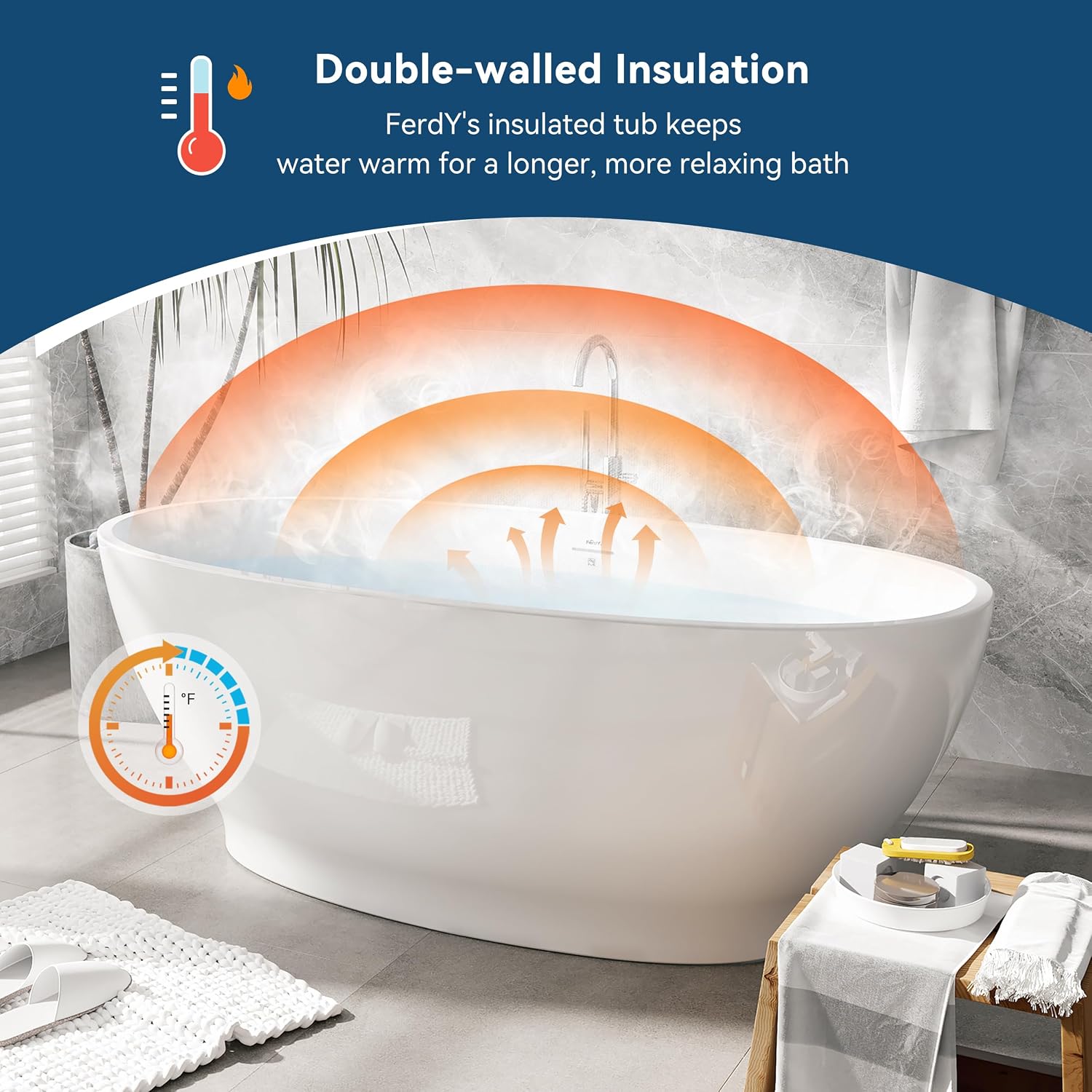 FerdY Koh Samui 65' Freestanding Bathtub, Elegant Oval Shape, Double Walled Insulation Bathtub with Center Brushed Nickel Drain & Minimalist Linear Design Overflow