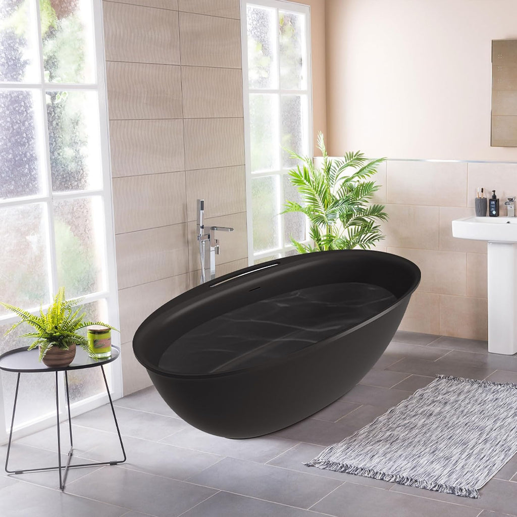 CASAINC 67' Large Space Free Standing Tub, Stone Resin Freestanding Bathtub Matte Black Solid Surface Soaking Tub with Drain, Drain Hose & Sanding Paper