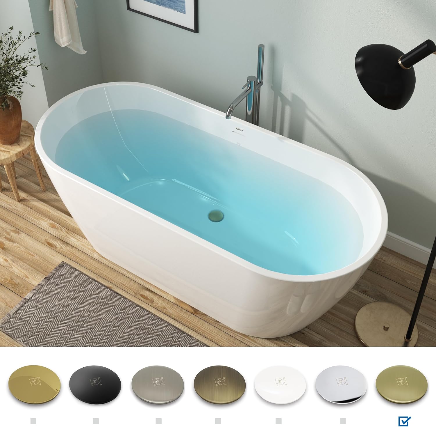 FerdY 67' Acrylic Freestanding Bathtub, Contemporary Soaking tub with Brushed Gold Drain, Elegant Oval Shape, cUPC Certified, Bali