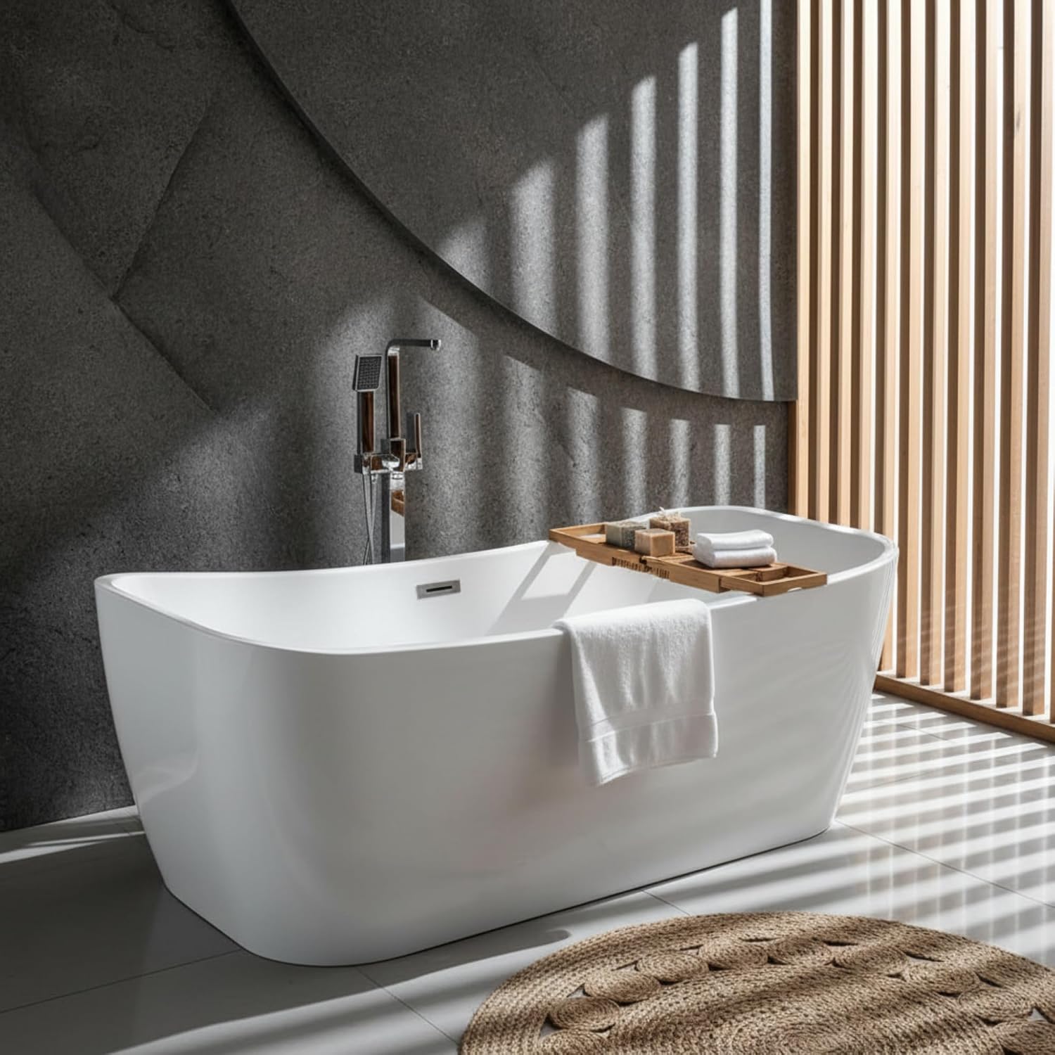 Arles 67' Freestanding Acrylic Bathtub with Chrome Drain, Glossy White Seamless Soaking Tub, Fiberglass Reinforced with Leveling Legs, 68 Gal Capacity