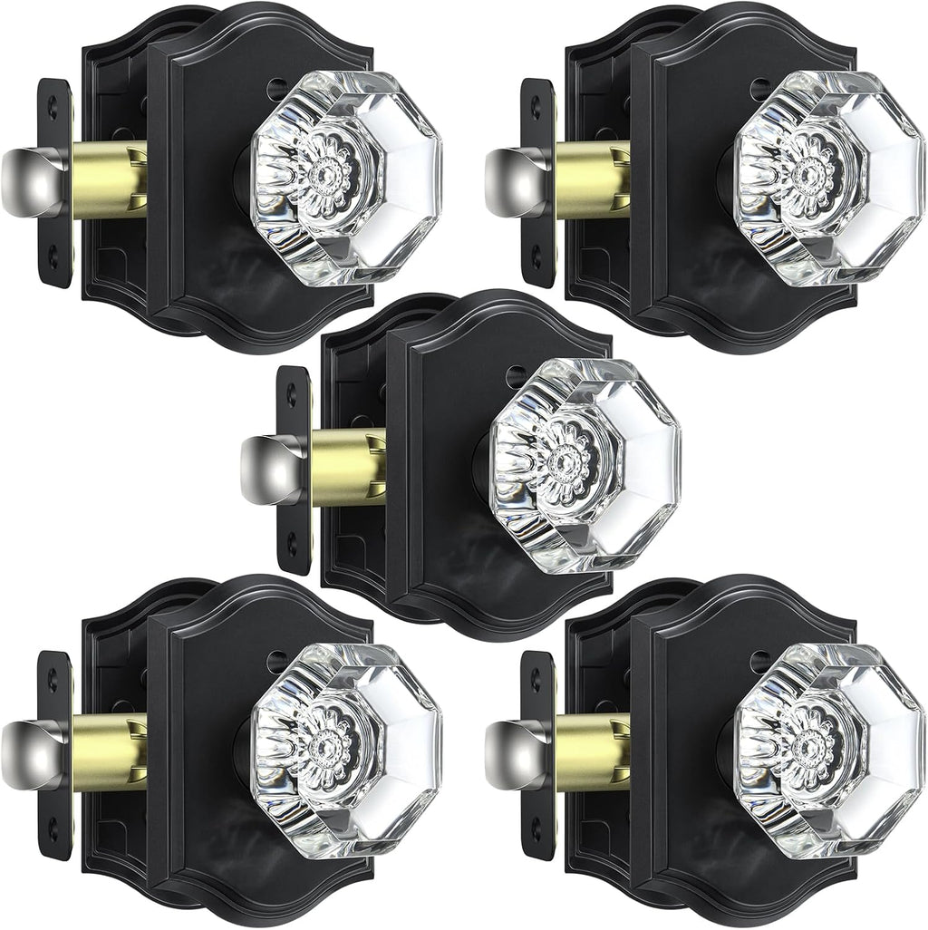 5 Pack Glass Door Knobs, Matte Black Crystal Door Knobs Interior with Lock for Privacy Use, Antique Glass Bedroom Bathroom Doorknobs, Vintage Crystal Door Knob Set