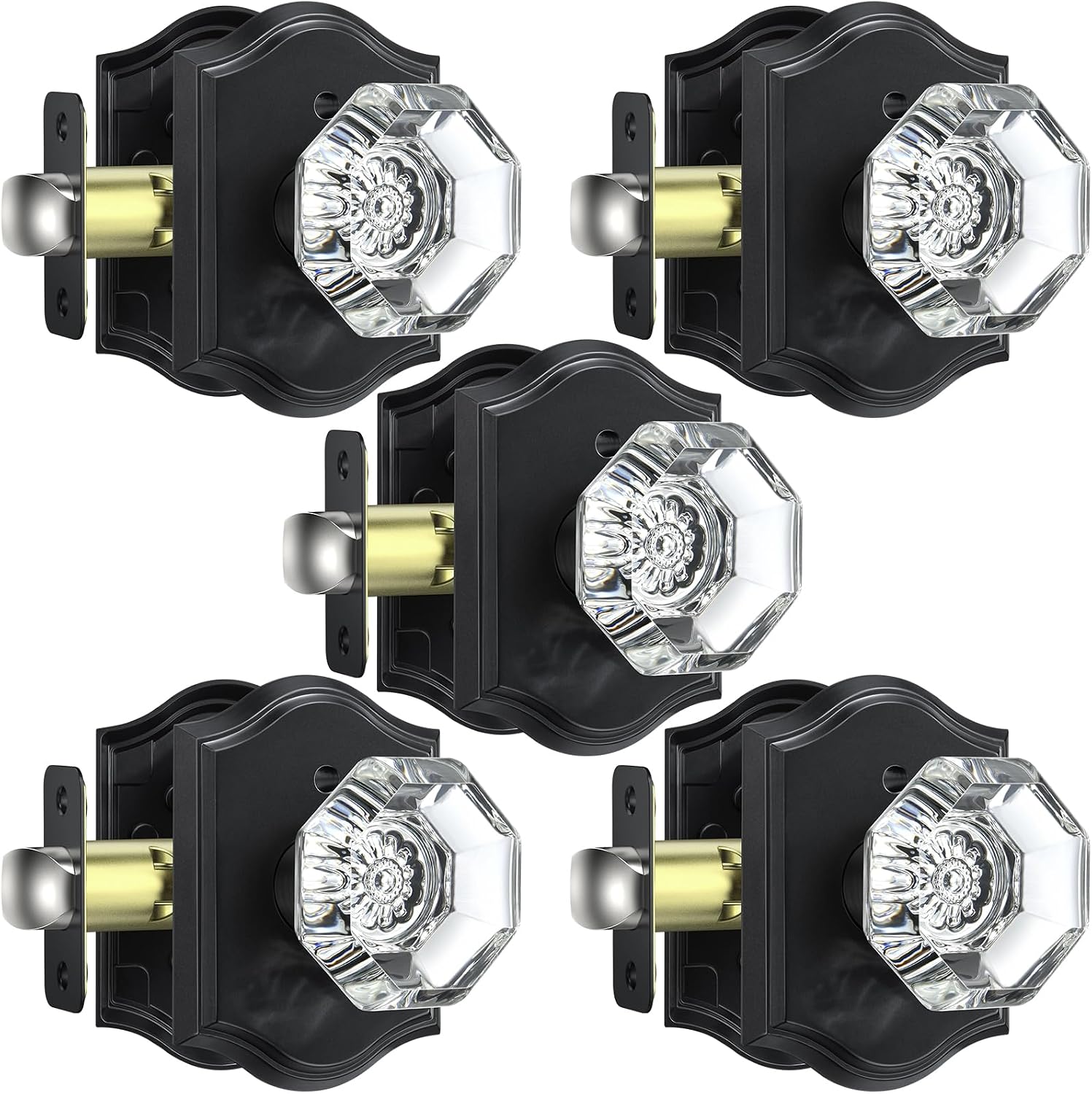 5 Pack Glass Door Knobs, Matte Black Crystal Door Knobs Interior with Lock for Privacy Use, Antique Glass Bedroom Bathroom Doorknobs, Vintage Crystal Door Knob Set