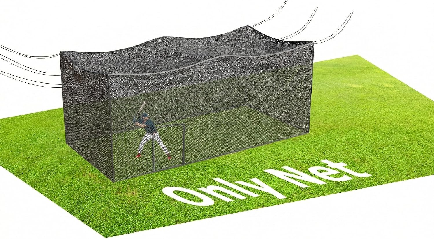 Batting Cage Net, UV-Stabilized HDPE, Black, 1-3/4' Square Mesh, Square-Hung, 1/4' Border Rope, Side Door – Baseball & Softball Netting – Sizes: 8x8x20ft,10x10x35ft,12x12x55ft, 12x14x70ft