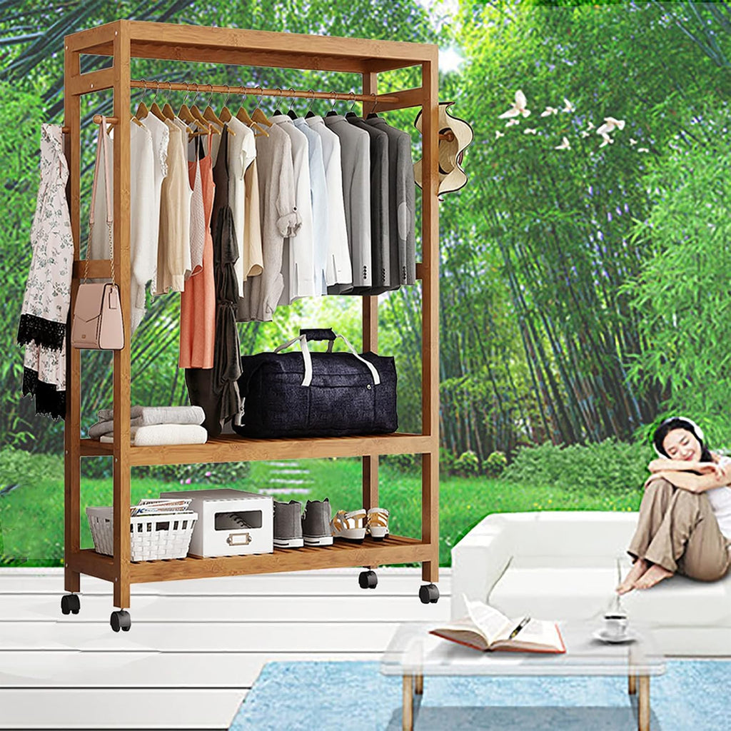 Bamboo Clothes Rack,2-Tier Storage Shelves Clothes Hanging Rack, with Wheels 4 Hooks,for Shirts Bags Scarves Pants Shoes Storage Boxes