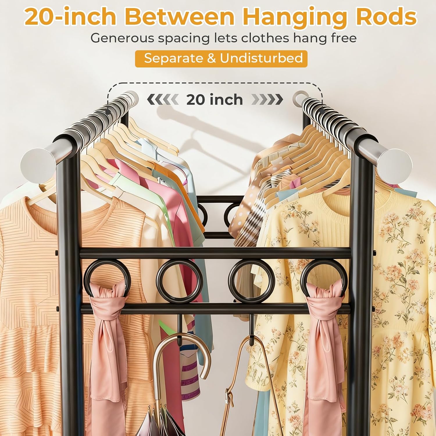 Heavy Duty Clothes Rack Load 1060LBS, Four Rods Rolling Clothing Racks for Hanging Clothes, Rolling Garment Rack With Sturdy Wheels Shelves Hooks, Portable & Adjustable Commercial Garment Rack, Black