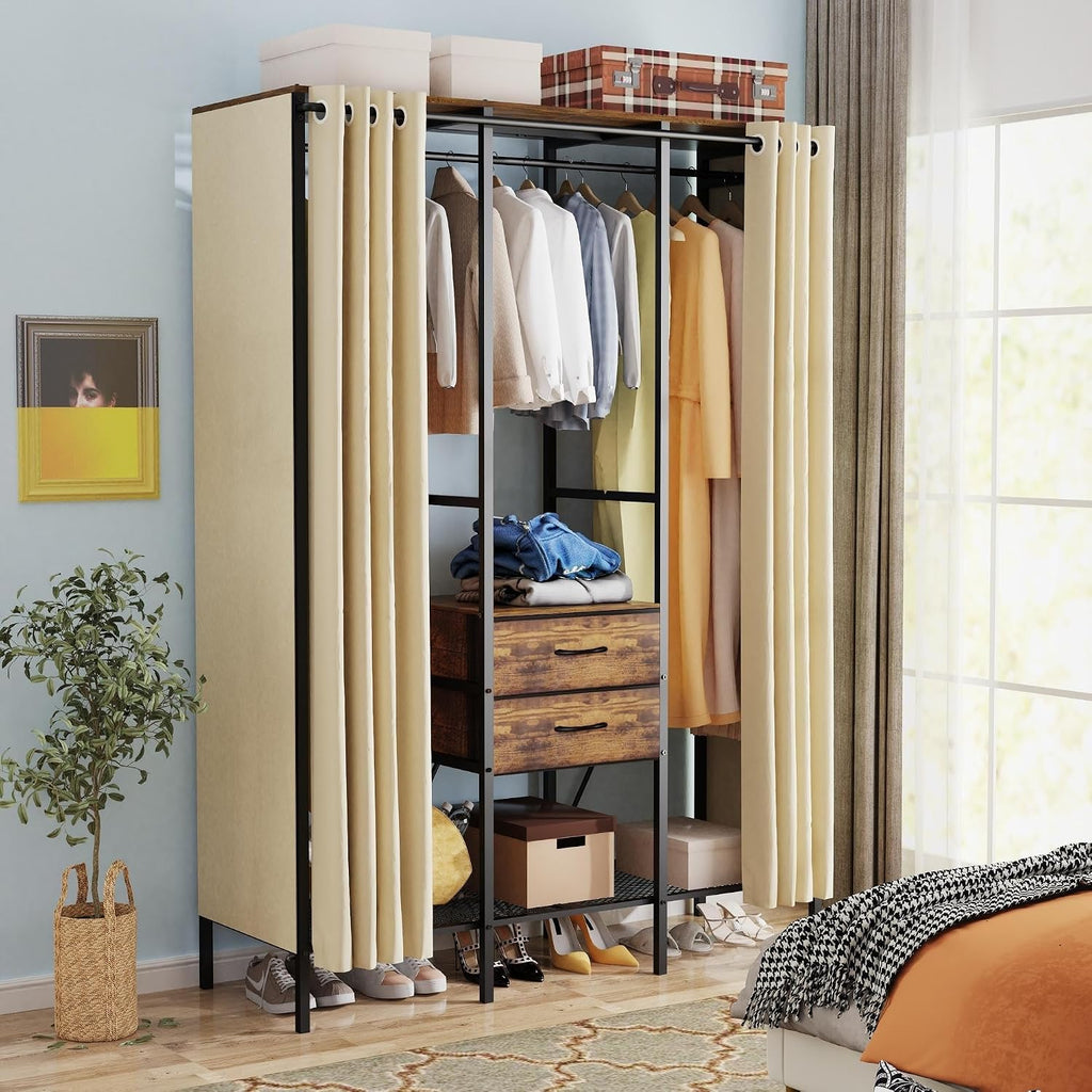 Large Heavy Duty Clothes Rack Organizer Stand Portable Wardrobe with Dust-Proof Cover Brown Metal