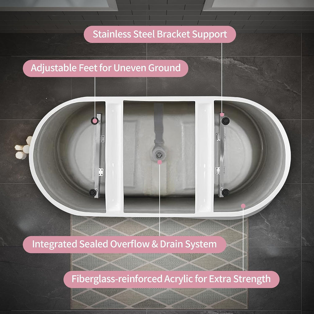 ABRUZZO 55' Acrylic Freestanding Bathtub - Deep Soaking Tub with Pop-Up Drain & Overflow, Glossy White Standalone Bathtub for Modern Bathroom, Fiberglass Reinforced Construction
