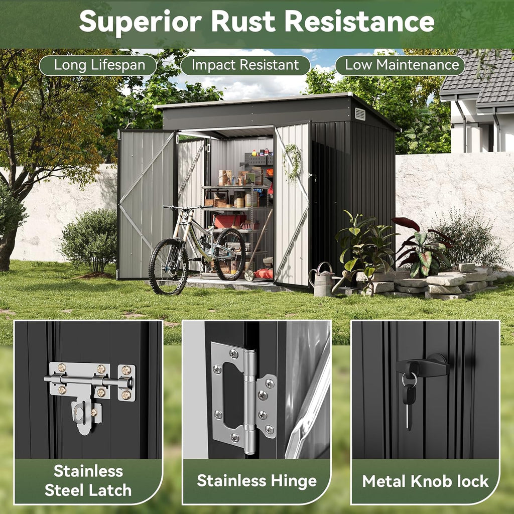 7.5'x4' Large Outdoor Shed with 3-Lockable Door & Sloping Roof, Heavy-Duty Galvanized Metal Garden Storage for Bikes, Tools, Snow Blowers (Black)