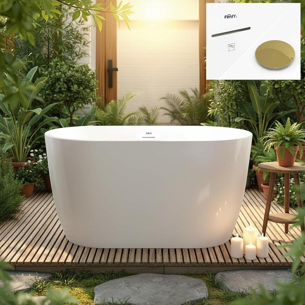 FerdY 47' Acrylic Freestanding Bathtub, Contemporary Soaking tub with Polished Gold Drain & Overflow, Elegant Oval Shape, cUPC Certified, Bali