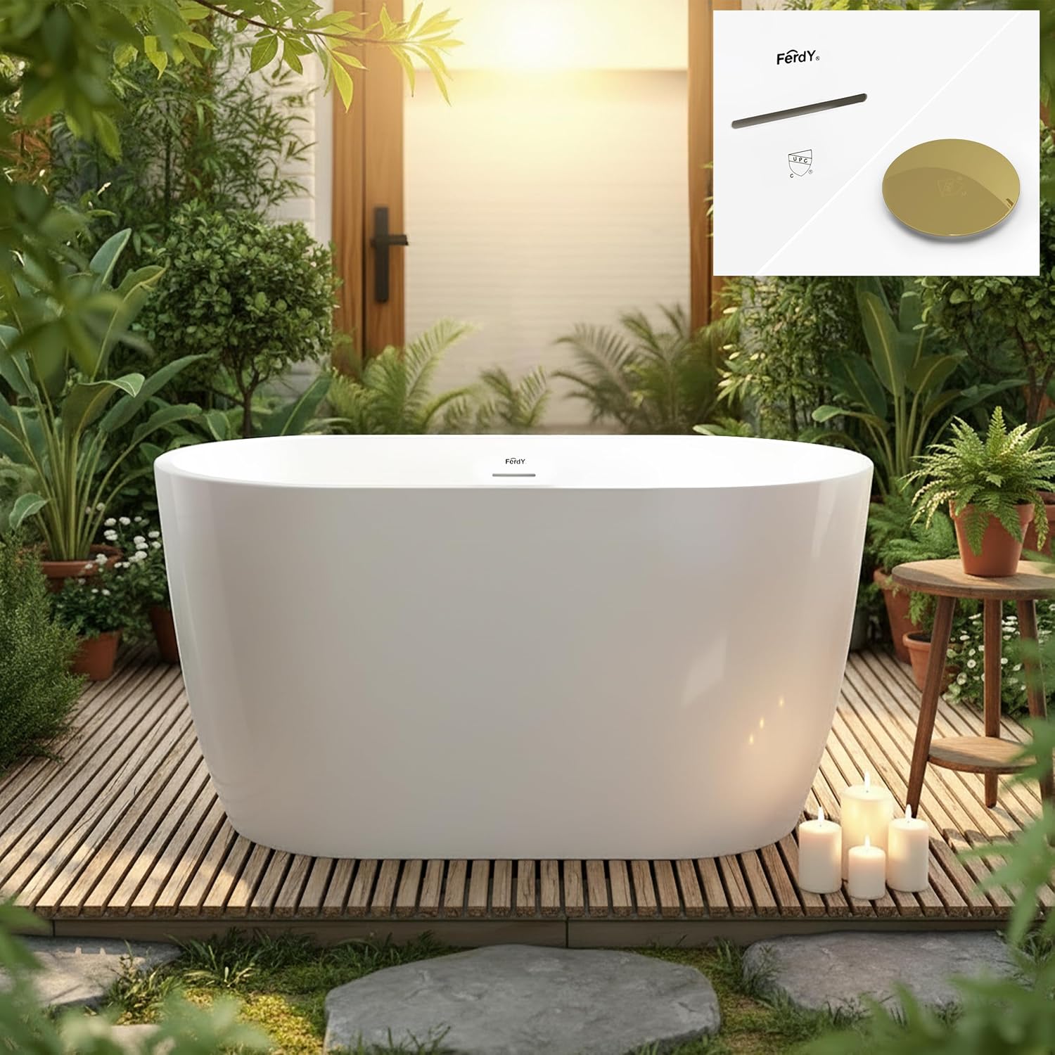FerdY 47' Acrylic Freestanding Bathtub, Contemporary Soaking tub with Polished Gold Drain & Overflow, Elegant Oval Shape, cUPC Certified, Bali