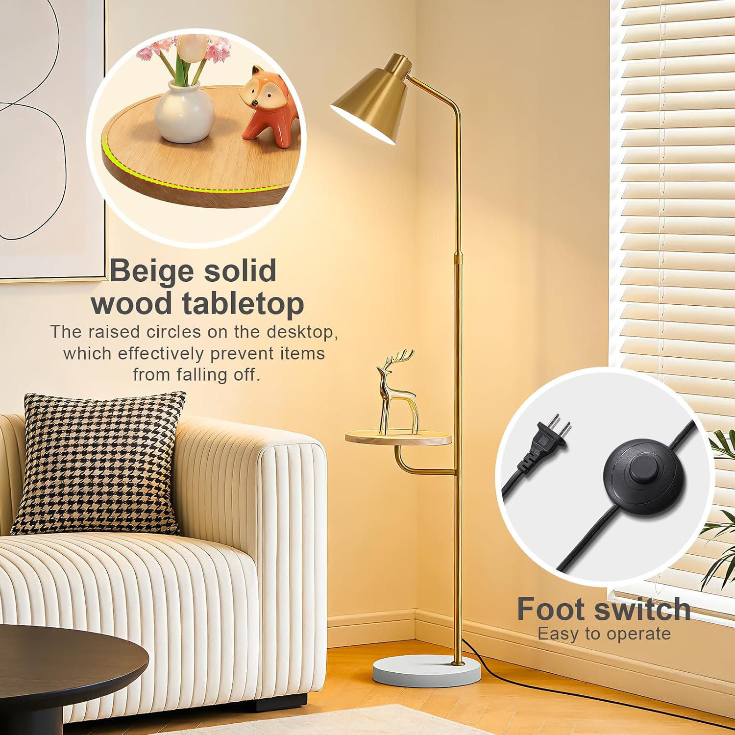 Gold Brushed Floor Lamp with Side Table for Living Room Bedroom, Modern Standing Lamp 12W LED 3-Color Dimmable 3000K/4500K/6500K, Adjustable Gooseneck Reading Light with Wood Shelf for Office Corner
