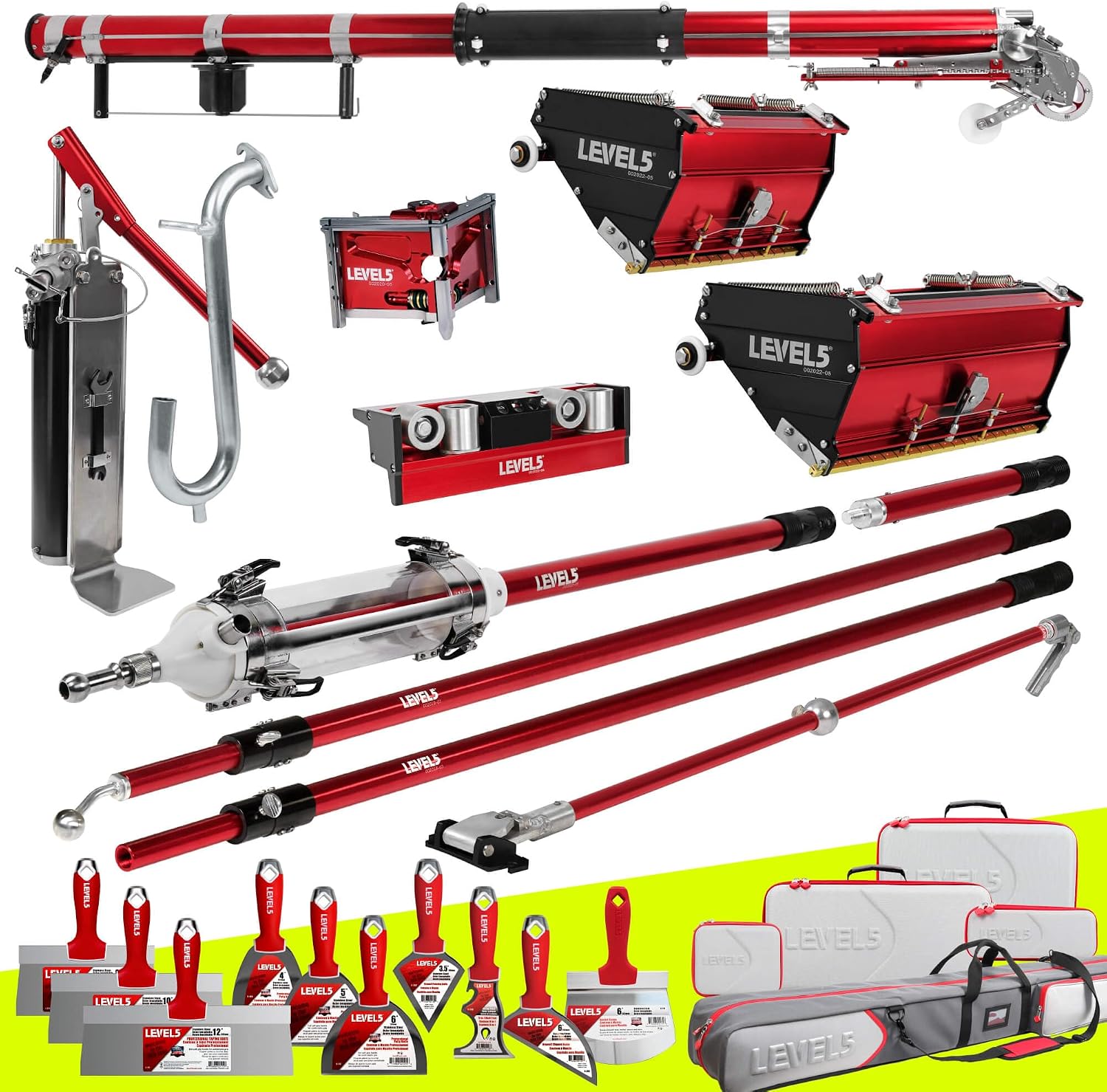 Full Taping/Finishing Set - High Capacity Boxes + Std Handles - LEVEL5 | Auto Taper, 7'/10' MEGA Boxes, 3' Angle Head, MiniShot, Corner Roller, Std Handles, Pump, Gooseneck | 4-670