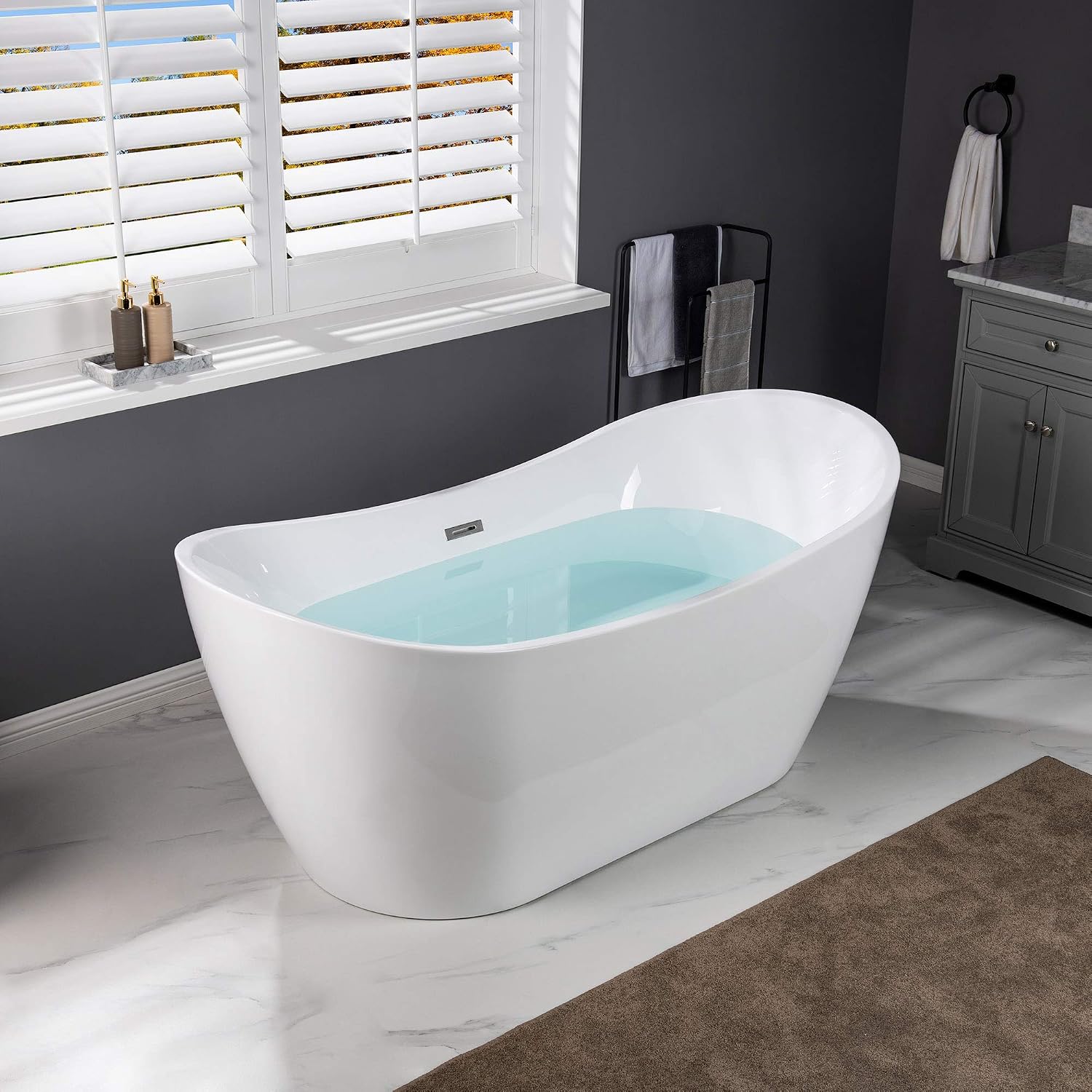 WOODBRIDGE 67' Acrylic Freestanding Bathtub Contemporary Soaking Tub, White Acrylic (Brushed Nickel Drain/Overflow) with Pillow