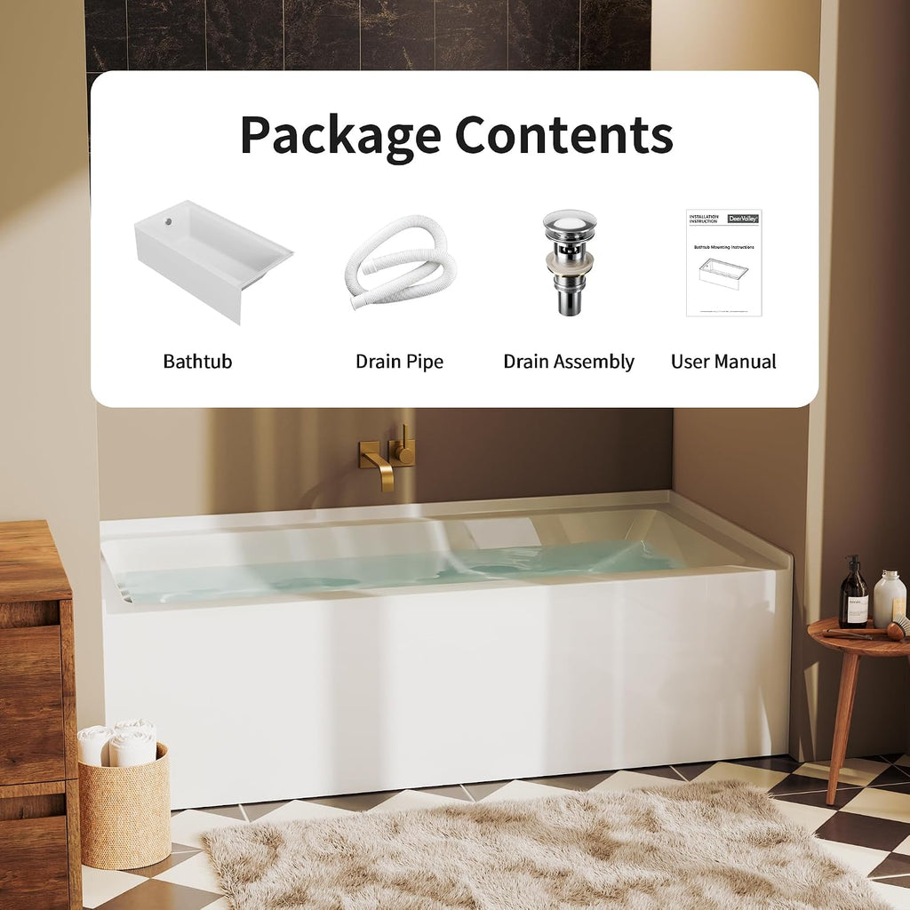 DeerValley 60'x30' Alcove Bath Tub, Acrylic Bathtub with Right Drain Integrated Apron Soaking Bath Tub, Ergonomic Deep Soak Tub with Pop-Up Drain and Integrated Overflow System, White, DV-1T0195R