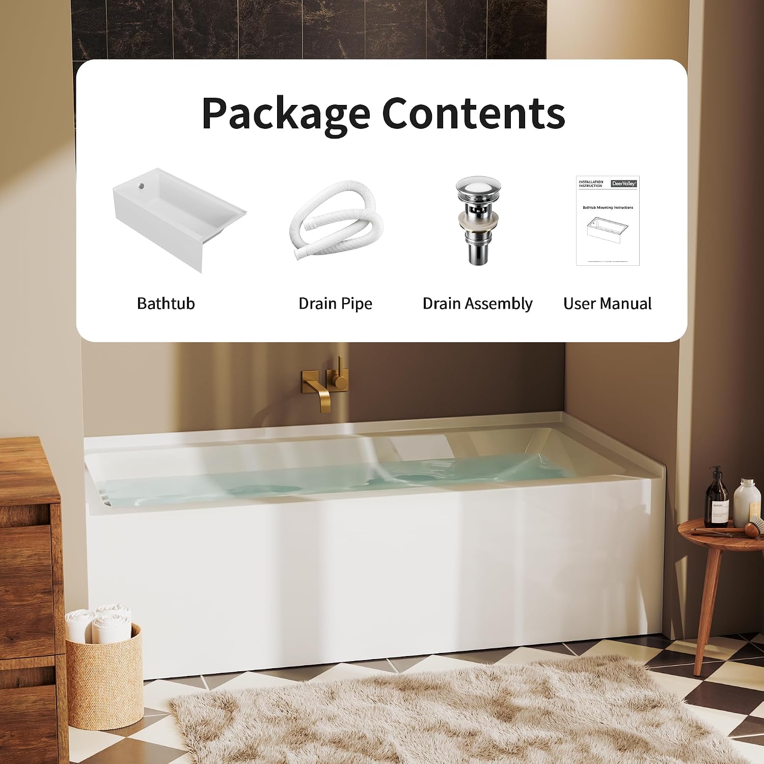 DeerValley 60'x30' Alcove Bath Tub, Acrylic Bathtub with Right Drain Integrated Apron Soaking Bath Tub, Ergonomic Deep Soak Tub with Pop-Up Drain and Integrated Overflow System, White, DV-1T0195R