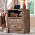 Aitjunz 26' Tall Nightstand with Charging Station, Farmhouse 23.6' Wide Large End Table w/Roman Column, Wood Rustic Side Table w/Open Shelf, 2 Drawers Dresser for Bedroom, Living Room, Light Brown