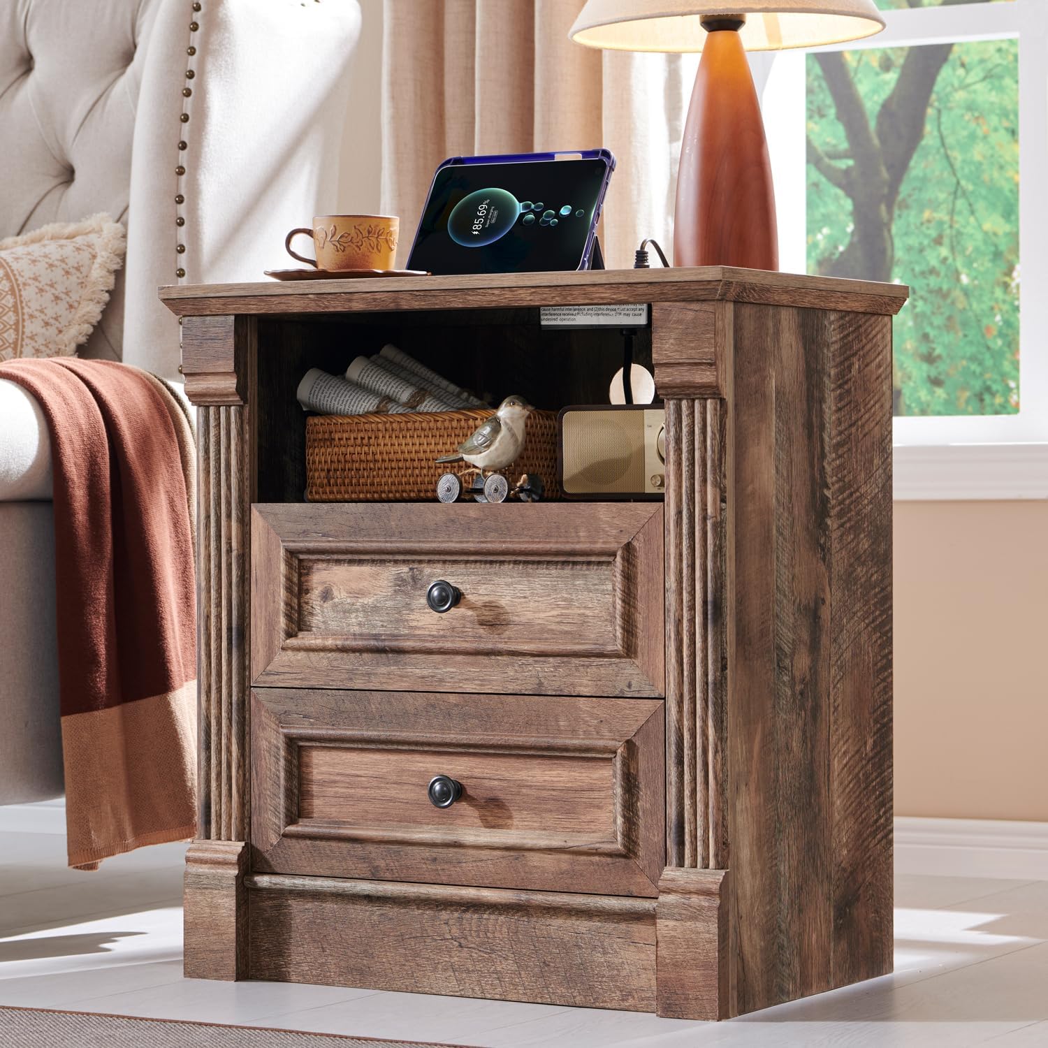 Aitjunz 26' Tall Nightstand with Charging Station, Farmhouse 23.6' Wide Large End Table w/Roman Column, Wood Rustic Side Table w/Open Shelf, 2 Drawers Dresser for Bedroom, Living Room, Light Brown