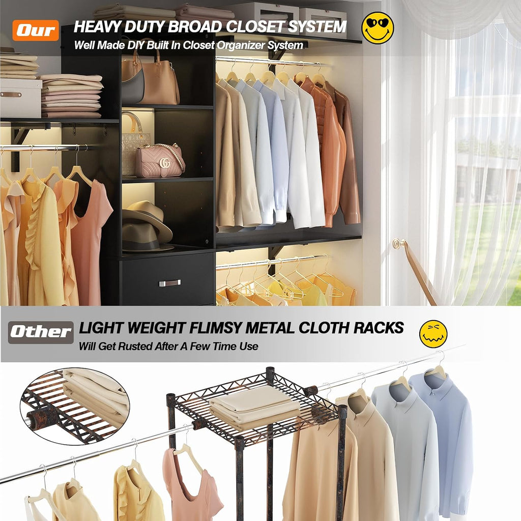 Armocity 96' Wood Closet System with 3 Enclosed Drawers & 3 Solid Shelves, 8FT Adjustable Closet Organizers and Storage, Heavy Duty Modular Wardrobe for Reach-In & Walk-In, 1000 LBS Load, Black