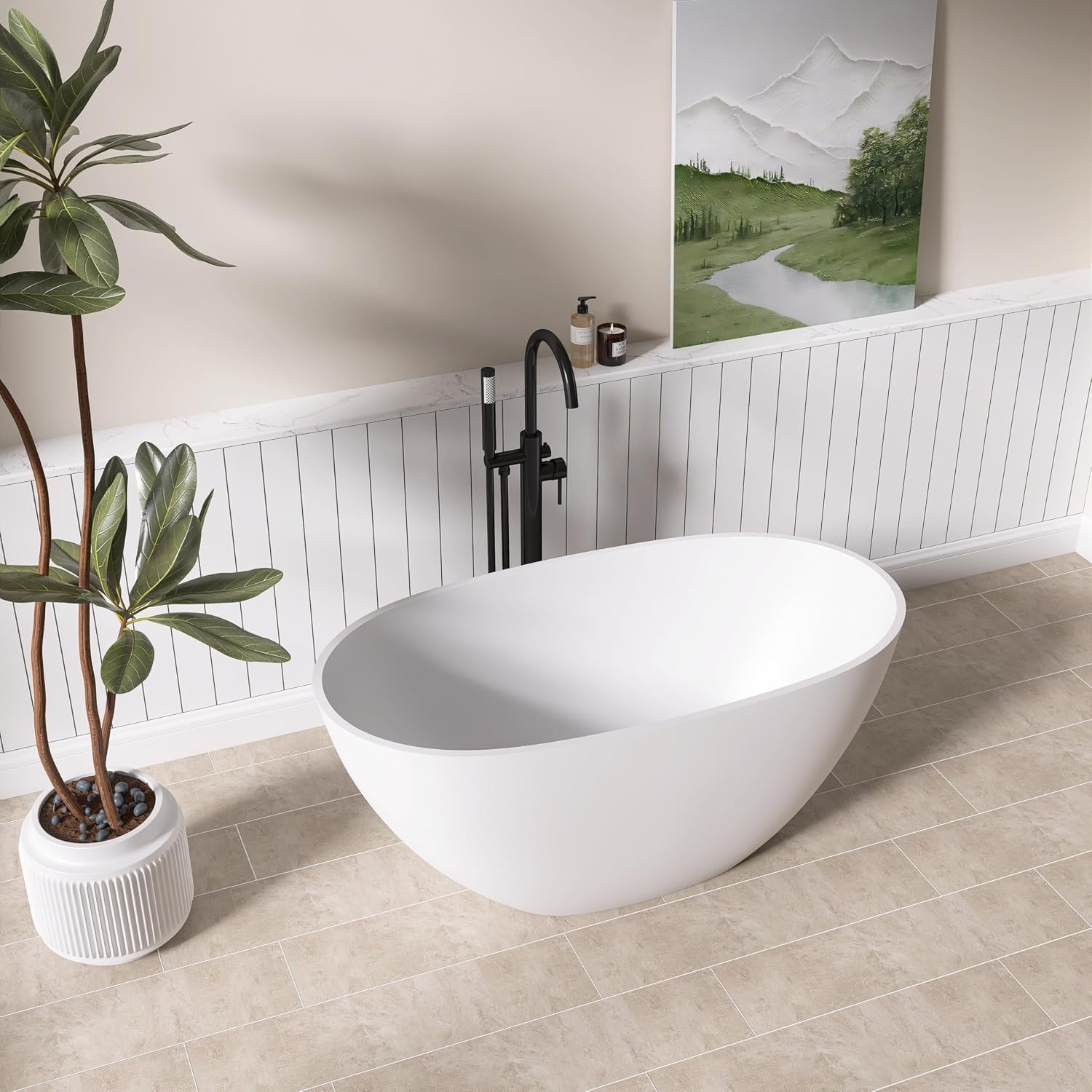 51' Freestanding Solid Surface Bathtub,Elegant Oval Design with Chrome Drain Luxurious Soaking Tub for Bathrooms, Stone Resin Freestanding Bathtub for Comfort,Matt White
