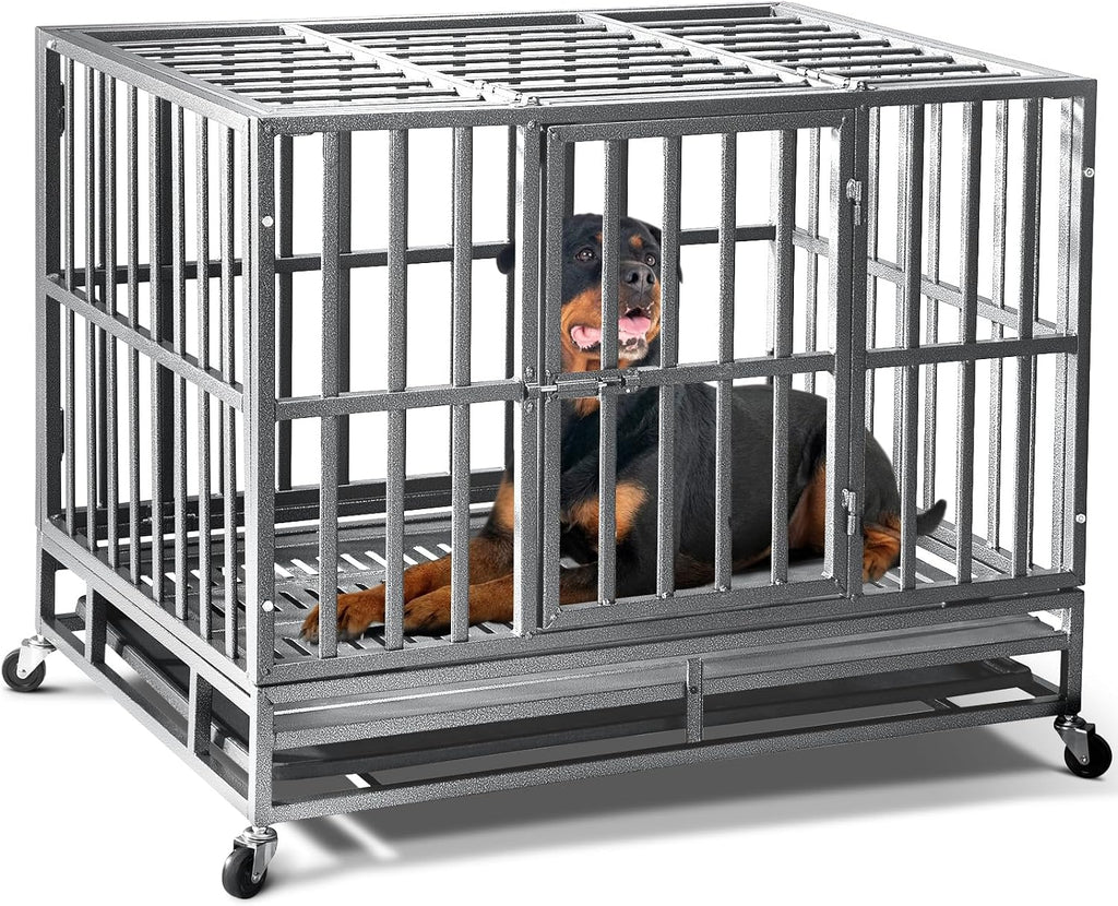 Oranland 38 inch Heavy Duty Indestructible Dog Crate,2025 New Upgraded Reinforced Baseplate for Large Dogs,XL Dog Crate for High Anxiety Dogs/Max Load Capacity 200lbs/Double Door with Wheels（Silver）